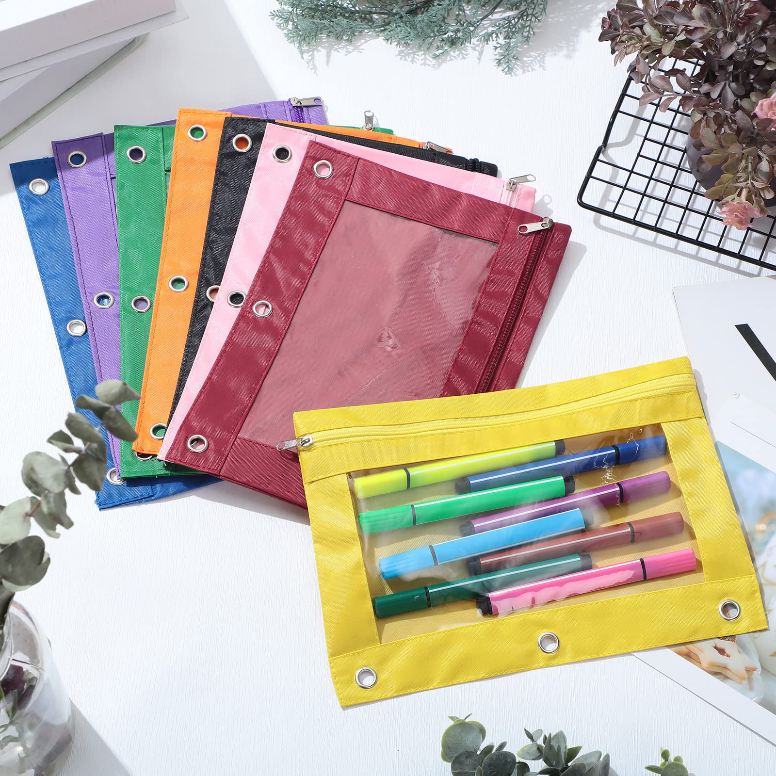 Leinuosen 64 estuches para lápices a granel de 3 anillos con ventana transparente y carpeta con cremallera, bolsa de papelería para oficina, escuela, suministros de aula (fresco)