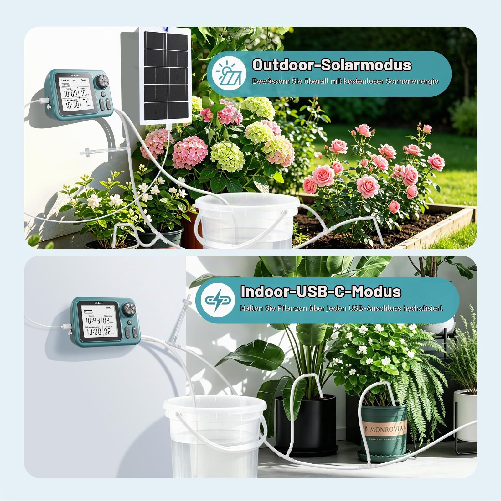 Automatisches Tropfbewässerungssystem mit 4W Solarpanel | Bewässerungsset für 15 Pflanzen, 800 ml/min Pumpe, Anti-Heberventil Urlaubsmodus für Balkon & Garten