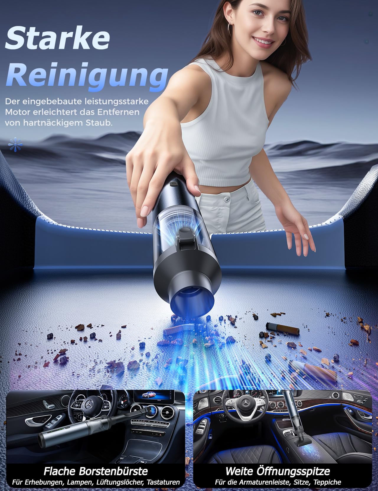 Handstaubsauger Akku, 4-in-1 Autostaubsauger Akku, 16000PA Auto Staubsauger Stark, 30 Min Laufzeit, USB-C Ladung, Mini Staubsauger für Auto, Haustiere, Sofa, Tastaturen, Büro