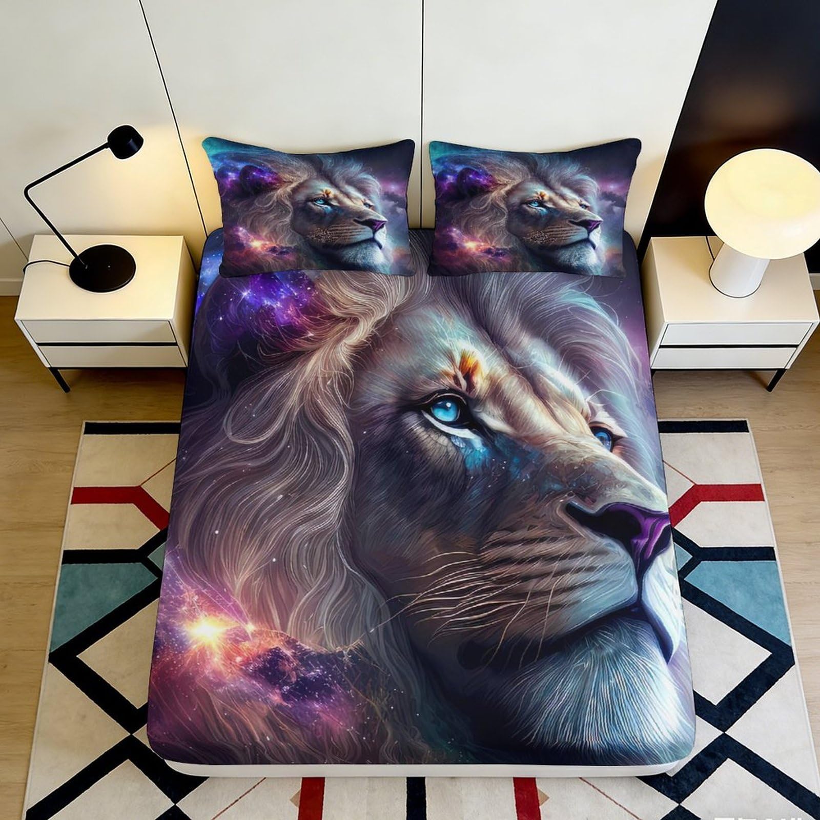 3D Printed Galaxy Lion Fitted Sheet Microfiber Soft Breathable Cosmic Nebula Mattress Cover for Bedroom Decor 90x200x25cm