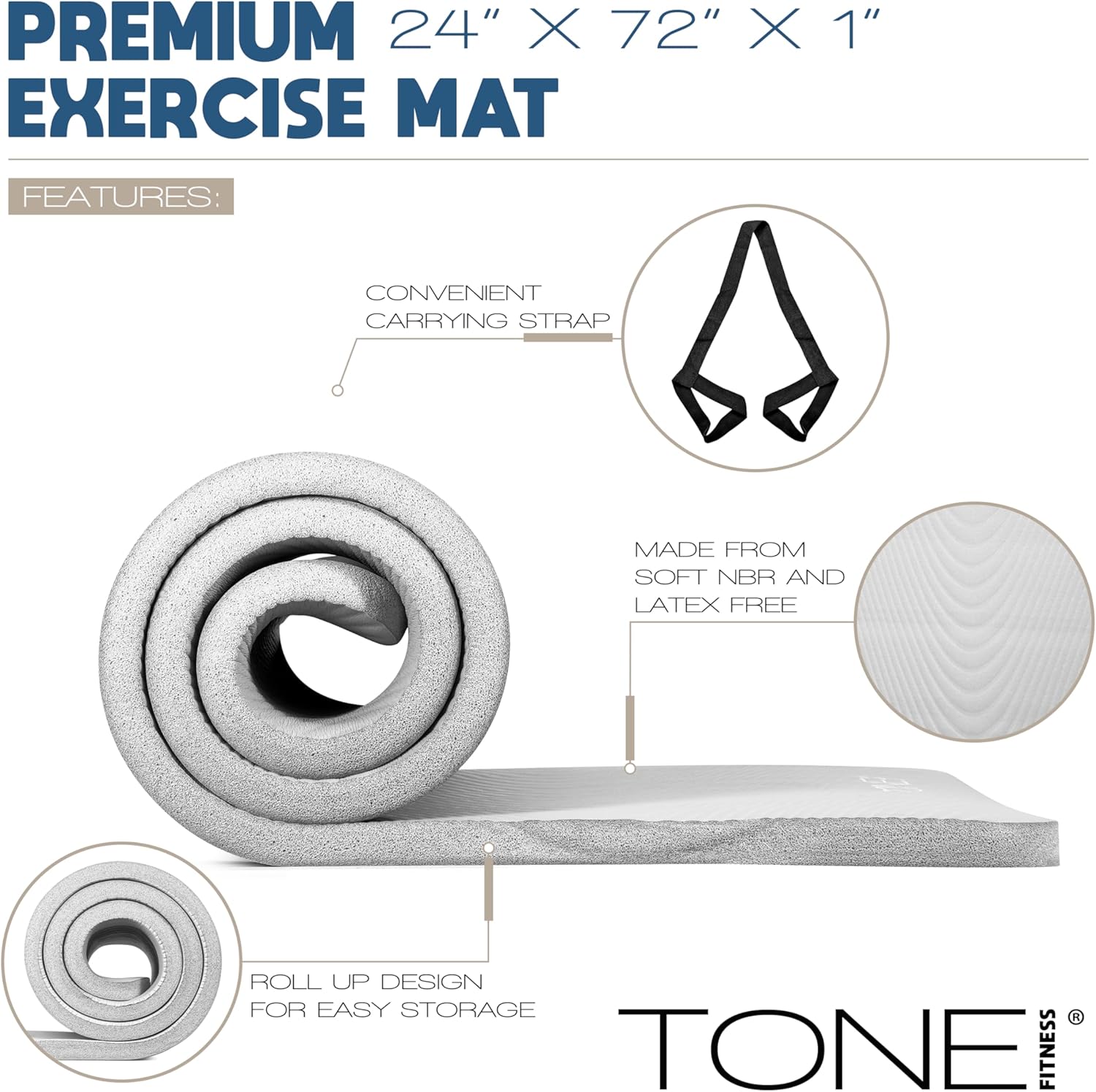 Tone Fitness 1-Inch Thick Yoga Mat | High-Density, Non-slip Exercise Mat with Carrying Strap for Yoga, Pilates, & Home Gym Workouts | Multiple Options