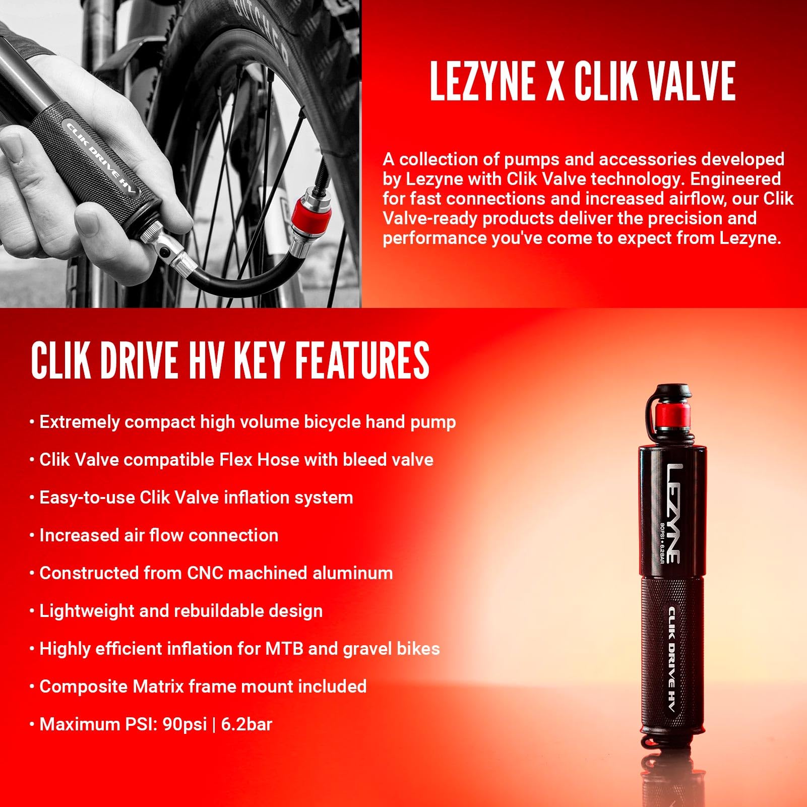 LEZYNE CLIK Drive Pompe manuelle compacte et légère en aluminium usiné CNC pour vélo de route, VTT et vélos de gravier | Tuyau flexible, support de cadre inclus
