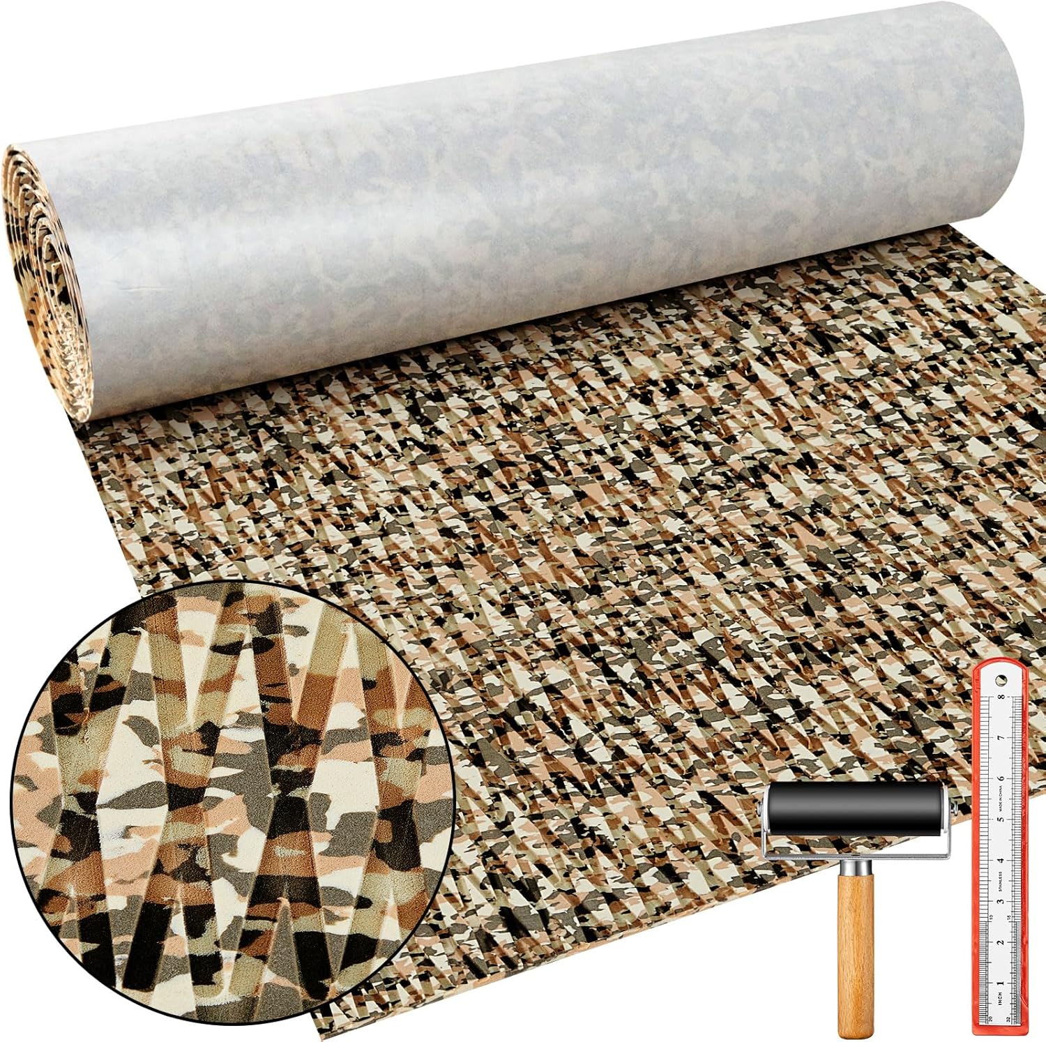 Tinideya Boat Flooring EVA Foam 94" x 35" Boat Decking Non Slip Marine Camo Self Adhesive Carpet with Roller Ruler for Kayak Yacht Motorboat (Diamonds, Camo Desert)