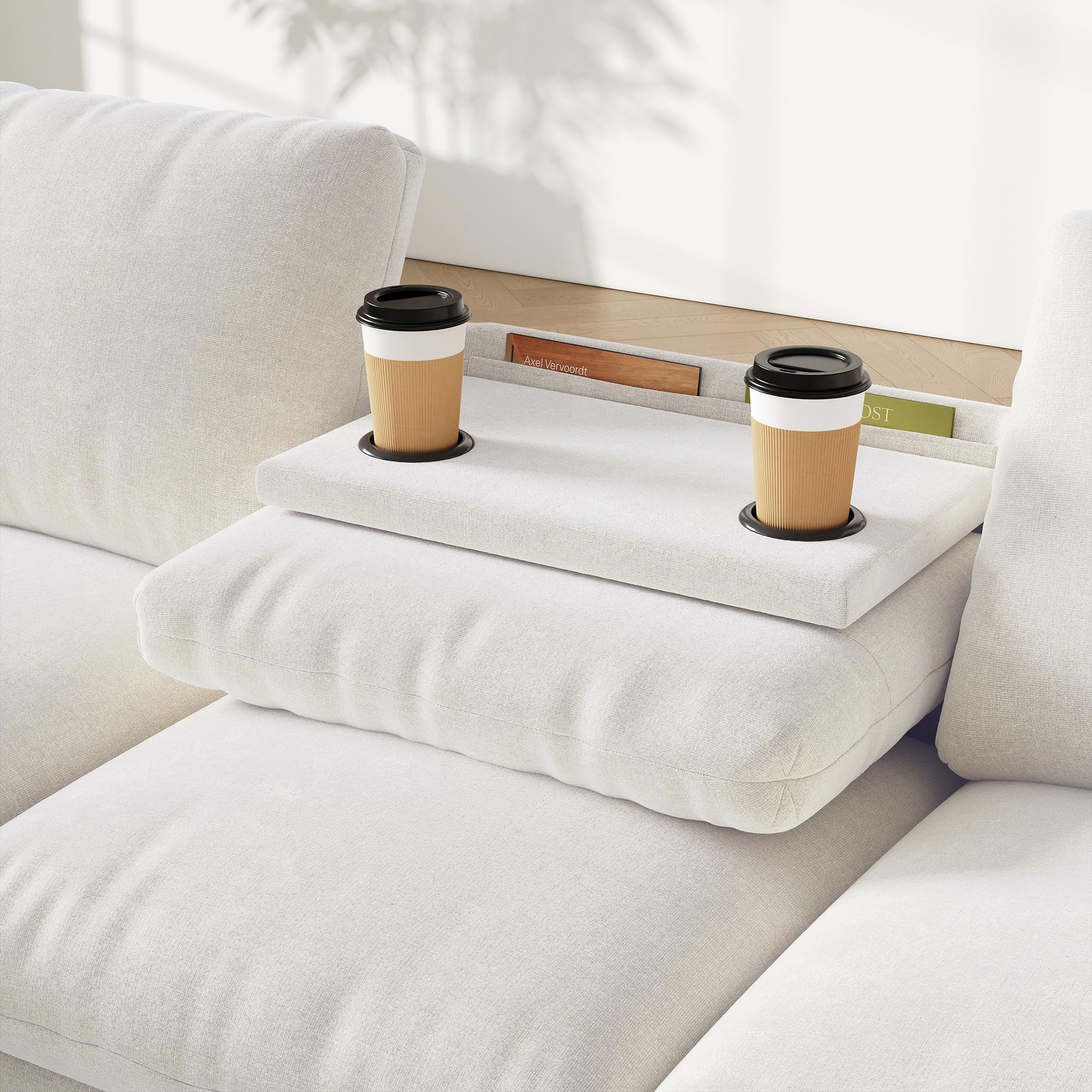 Sofa szenilowa w kształcie litery L z miejscem do przechowywania, rozkładany stolik kawowy z uchwytami na napoje, USB i typ C, montaż z lewej lub prawej strony, beżowy, sofa narożna