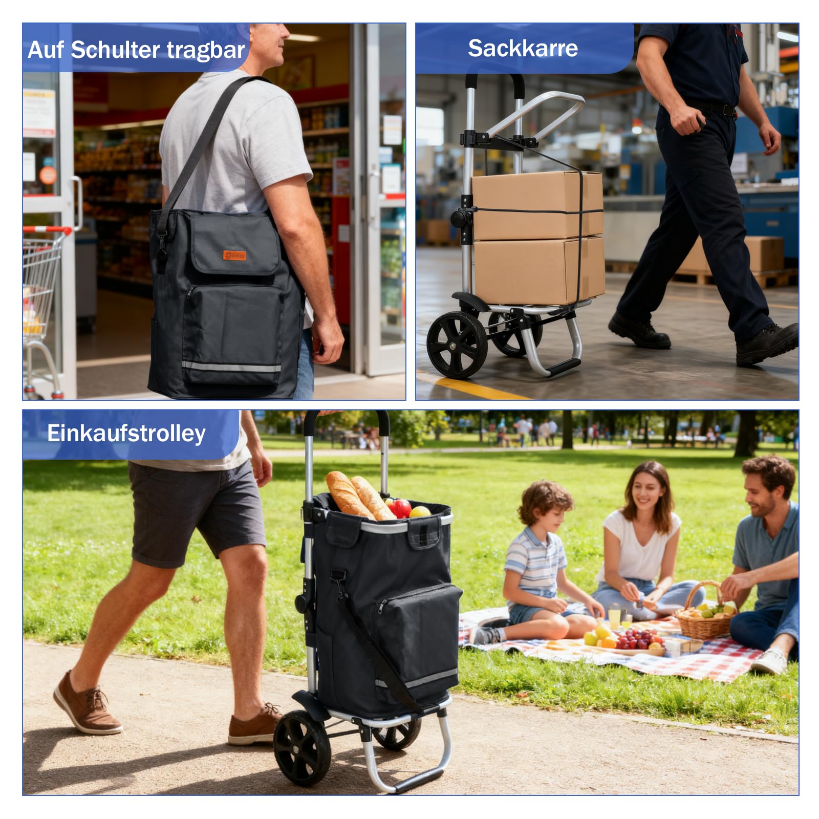 Sekey Einkaufstrolley faltbar 60L, 3-in-1 Einkaufswagen klappbar aus Aluminium, höhenverstellbarer Griff, mit Kühlfach und Getränkefach, extra groß für Einkauf & Camping, Schwarz
