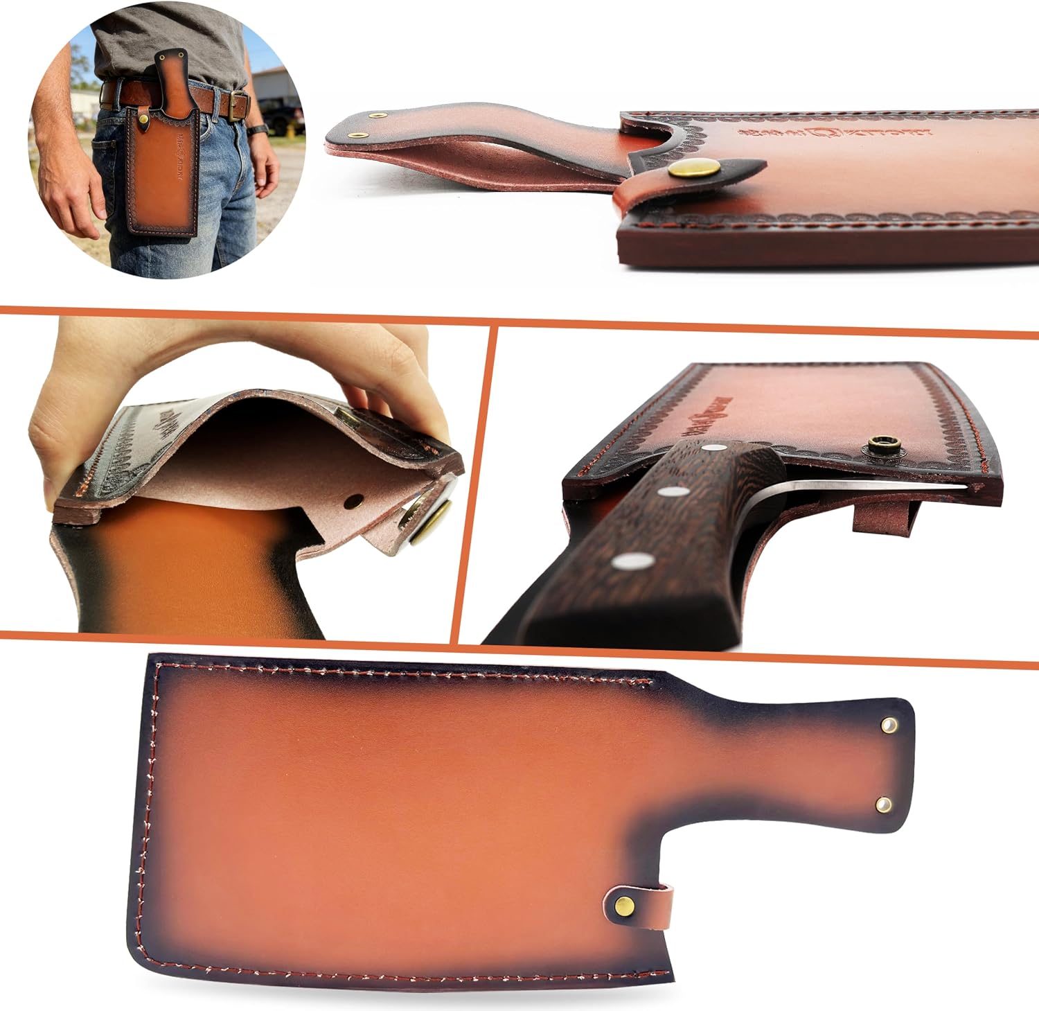 Kitory Leather Knife Sheath for Cleaver, Premium Genuine Leather Blade Cover with Snap Closure and Belt Loop, Universal Fit 7-8 Inch Chef Cleaver and Meat Chopper, Gift for Men Women