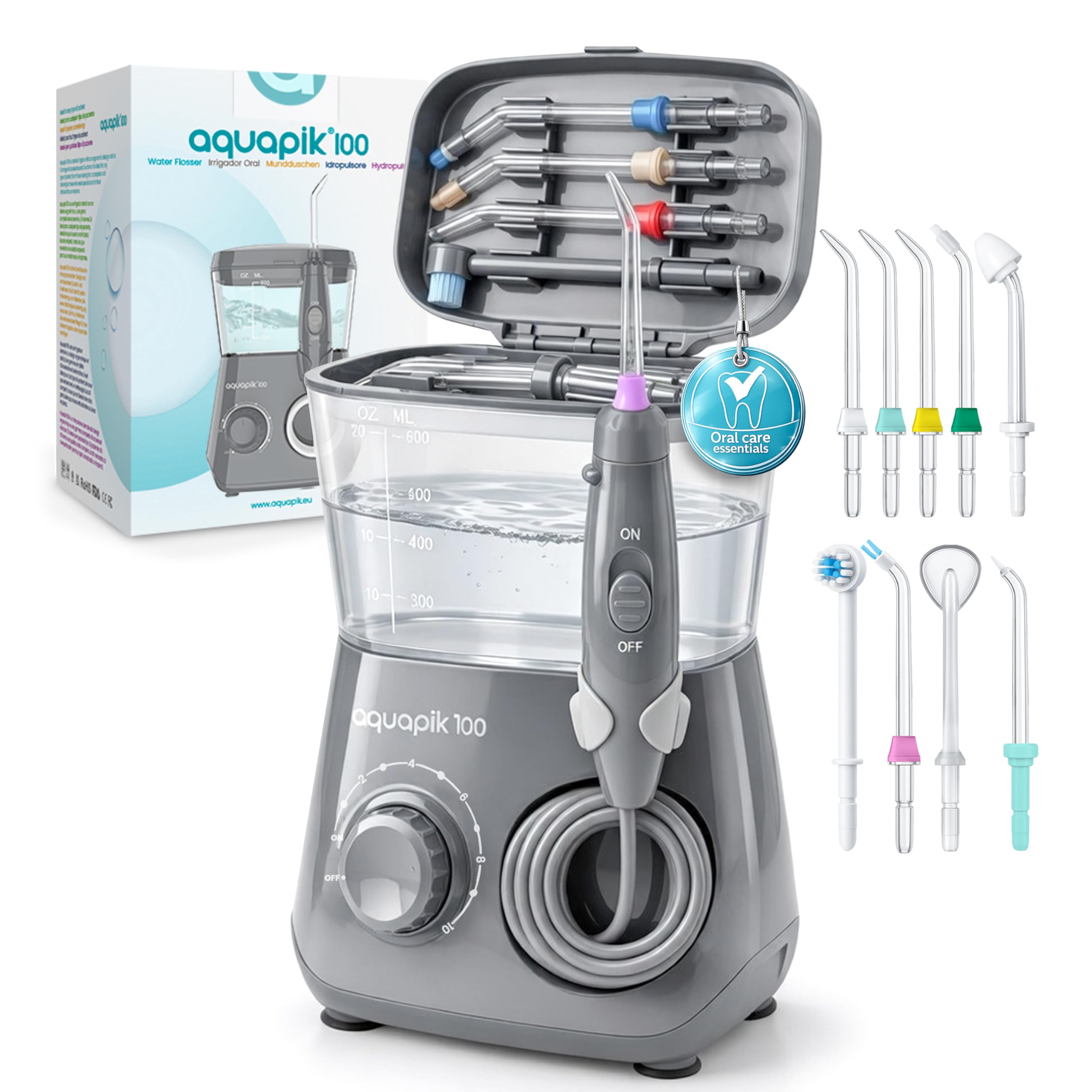 Irrigador dental Aquapik100® profesional waterflosser limpieza profunda 10 niveles de presión 8 boquillas 600ml para encías sensibles ortodoncia puentes implantes elimina placa dental (d. Gris)