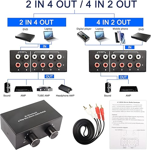 Miniatura 3 de XMSJSIY Conmutador de audio estéreo bidireccional LR RCA de 4 vías, 2 en 4 salidas o 4 en 2 salidas, Divisor de audio de canal de sonido LR Caja de