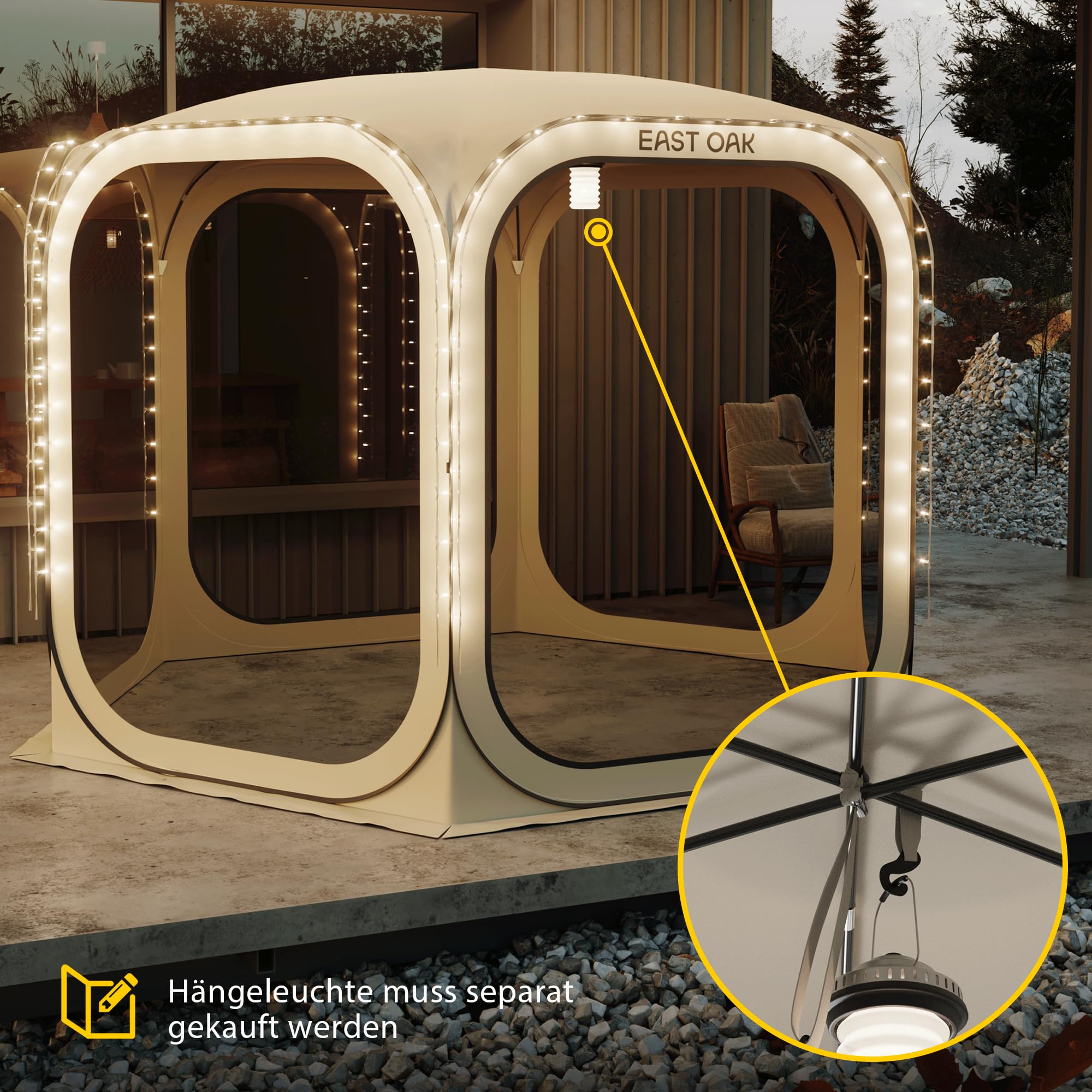 East Oak Pop Up Zelt, Pavillon 3×3m, Wurfzelt Große für 4-6 Personen, Gazebo für Camping, Garten, Terrasse, Stoffe Wasserdicht, UPF 50+ UV Schutz, 360° Belüftung, Anti Moskito, mit Tragetasche, Beige