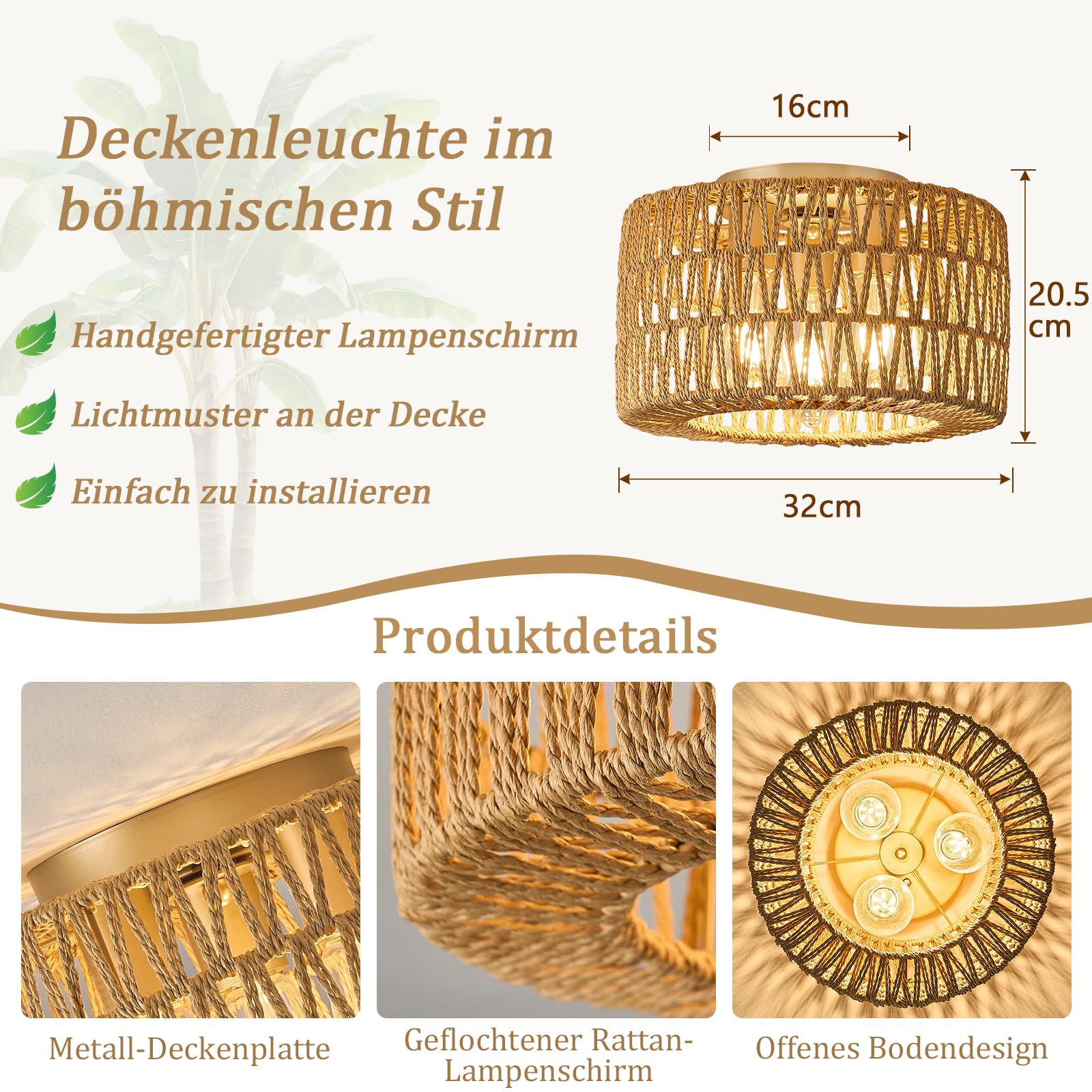 Qamra Deckenleuchte Boho Gold,3-flammige Rund Rattan Lampenschirm,Deckenlampe Rustikal Vintage E27, ohne Leuchtmittel,32cm für Schlafzimmer Wohnzimmer Esszimmer Küche Flur