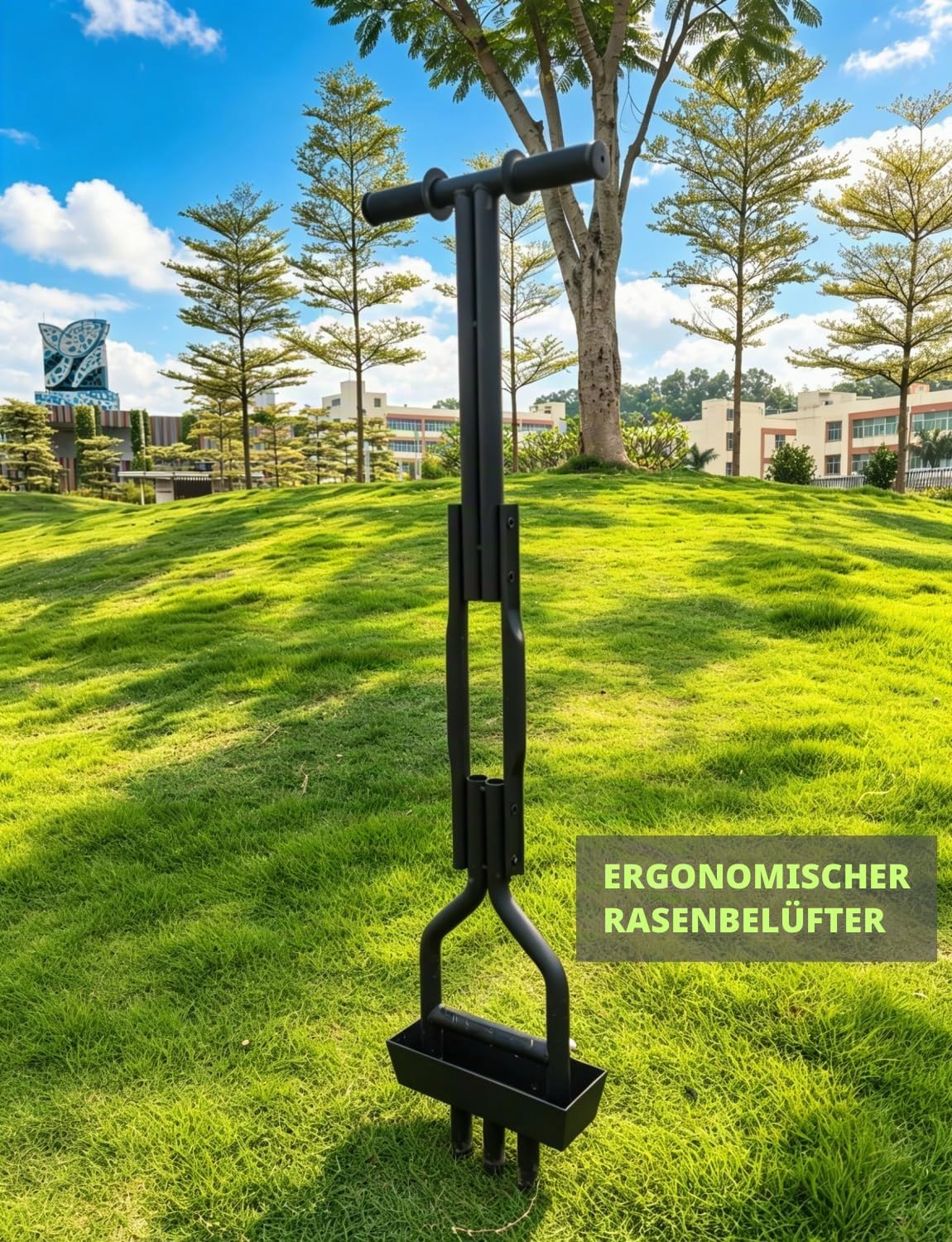 Manueller Rasenbelüfter mit 3 Hohlspoon-Zinken & Auffangrahmen schwarz, 99cm Länge & 21.5cm Breite, Aerifizierer für verdichtete Rasenflächen im Garten
