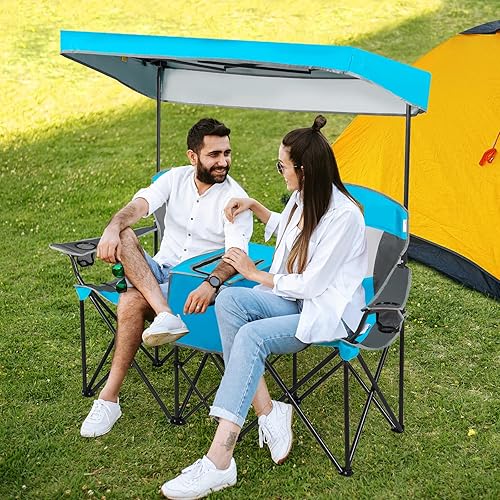 Miniatura 2 de Tangkula Silla de camping de dos plazas con toldo de sombra ajustable, silla de playa portátil con bolsa de refrigeración, 2 portavasos, bolsa de