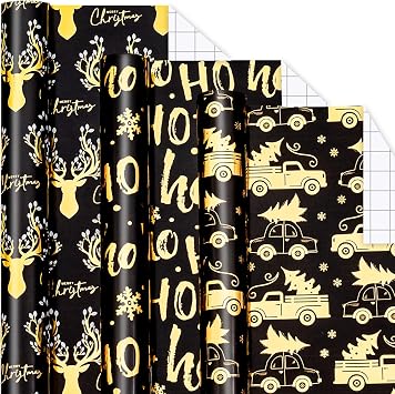 Yarcony Christmas Wrapping Paper Roll, Black and Gold Wrapping Paper - 17In x 120In Per Roll 3 Rolls - Metallic Foil Black Deer, Trucks & HO Theme Christmas Gift Wrap for Winter Holiday Packaging