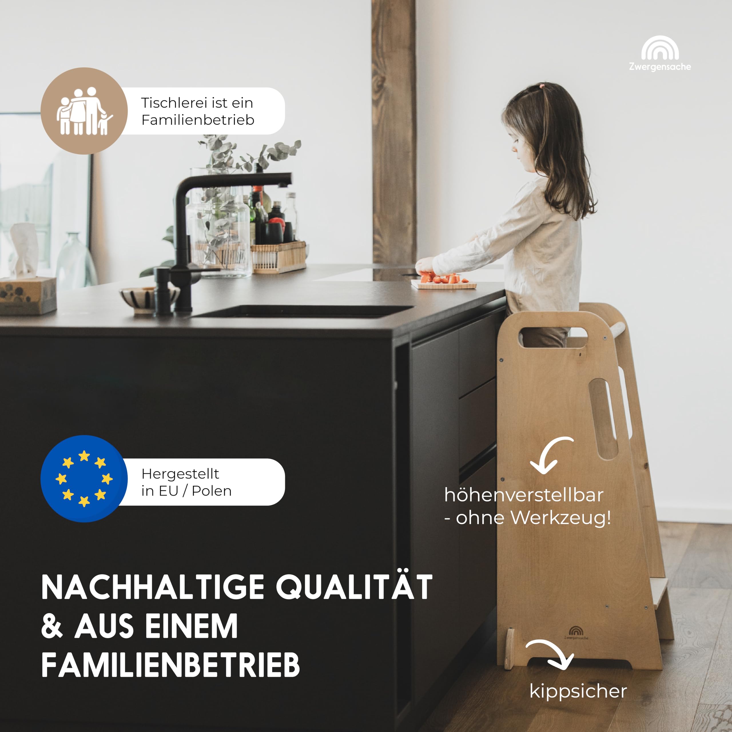 Lernturm ab 1 Jahr – Höhenverstellbar ohne Werkzeug – Kinder-Küchenhelfer, Lernturm aus Holz – kippsicher & stabil – fördert Selbstständigkeit - 1 bis 5 Jahre