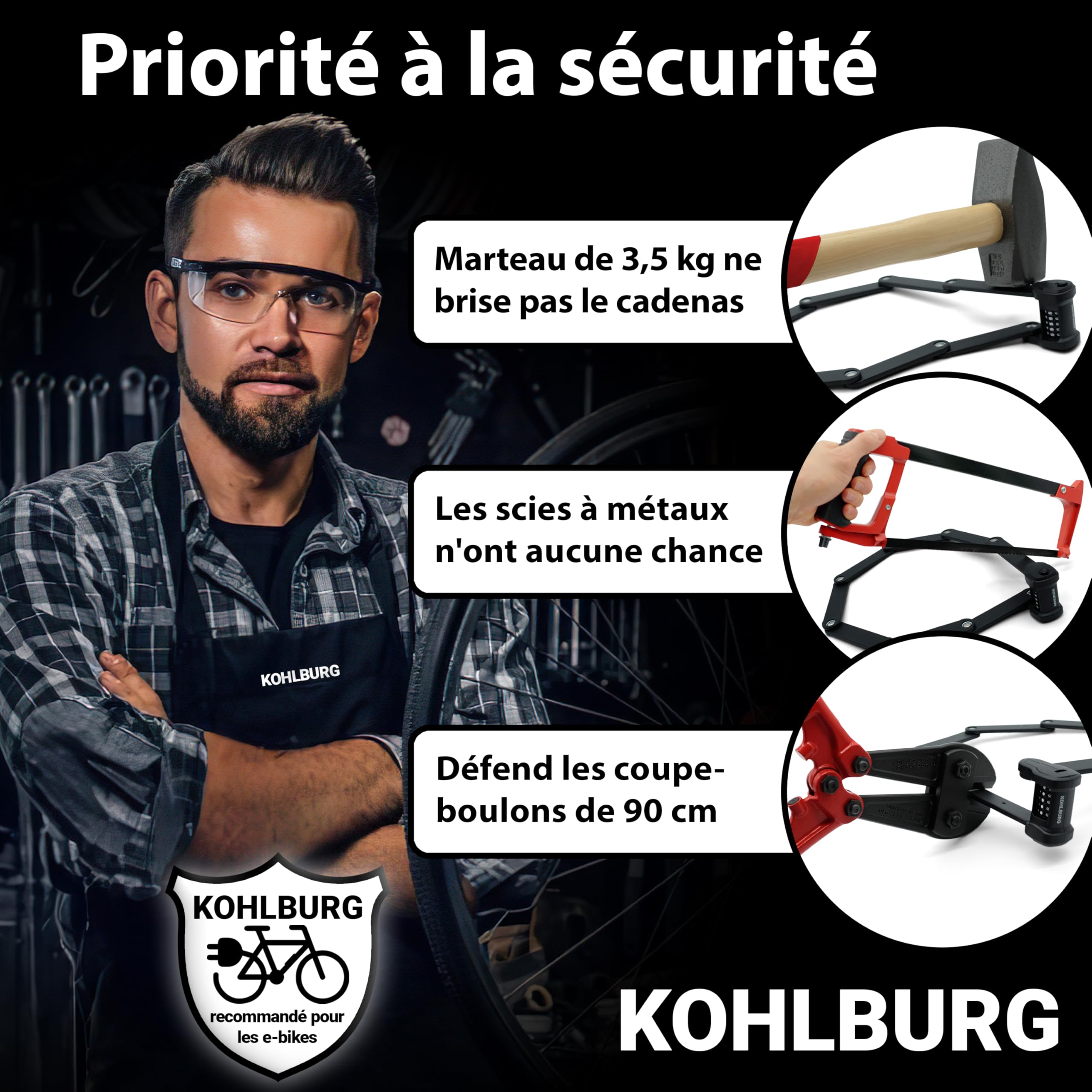 KOHLBURG Antivol vélo à combinaison avec code à 5 chiffres, 101 cm de long | Résistant aux coupe‑boulons, Antivol pliable type Vienne avec support haute sécurité, pour vélo e‑scooter vélo électrique