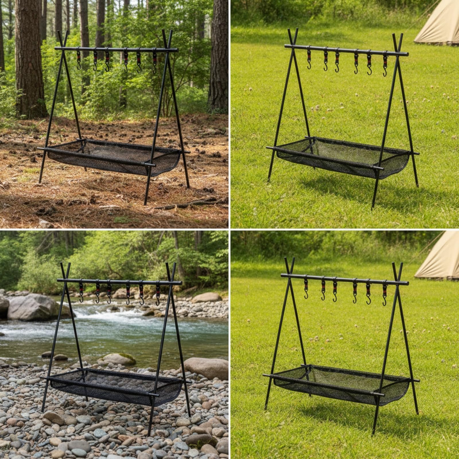 Gralara Estante Plegable con Ganchos Ligero Organizador Plegable con Cesta Compacto Estante Cesta Malla para Pescadores, Camping, Cocina Al Libre