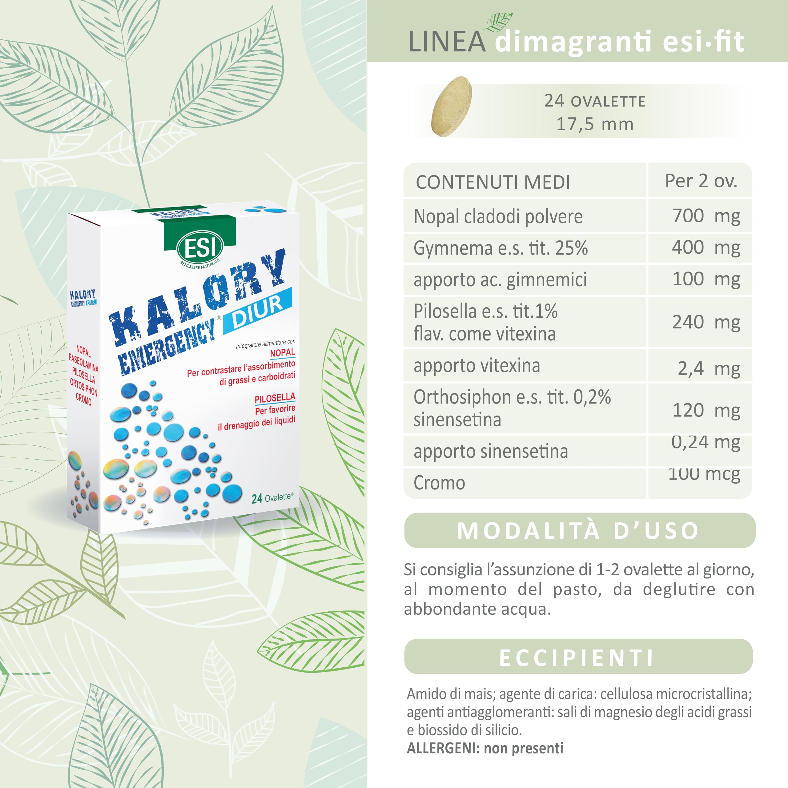 ESI - Kalory Emergency Diur, Integratore Alimentare Con Nopal E Pilosella, Favorisce Il Drenaggio Dei Liquidi E Contrasta L'Assorbimento Di Grassi E Carboidrati, Senza Glutine, 24 Ovalette