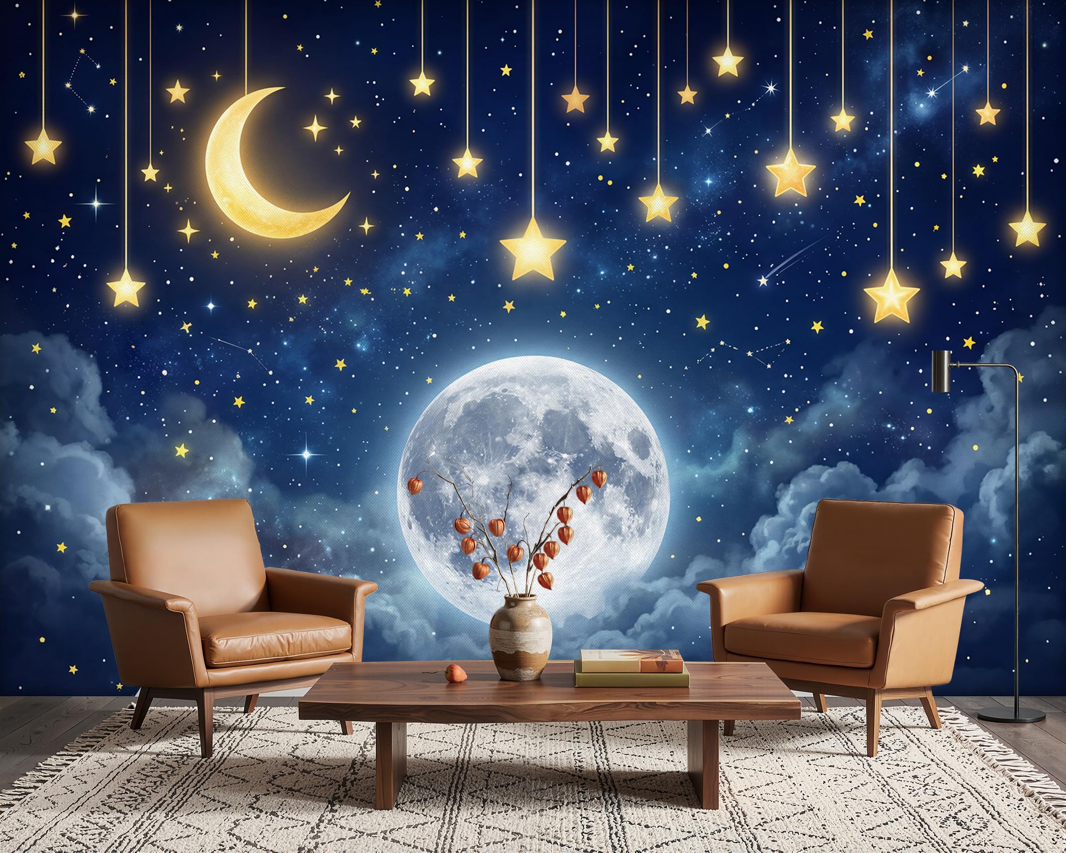 PaxGloz Moon and Stars Wallpaper, Starry Night Sky Wall Mural for Living Room & Kids Bedroom, Non-Woven Decorative Wall Art 400x280 cm