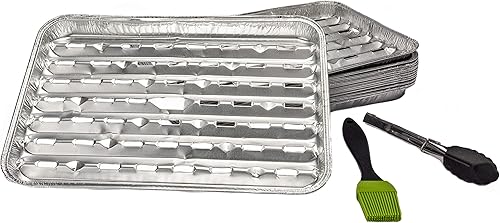 Toppers de aluminio para parrilla con cepillo de silicona y pinzas de acero inoxidable, paquete de 18 sartenes desechables de 13.25 x 9 pulgadas con