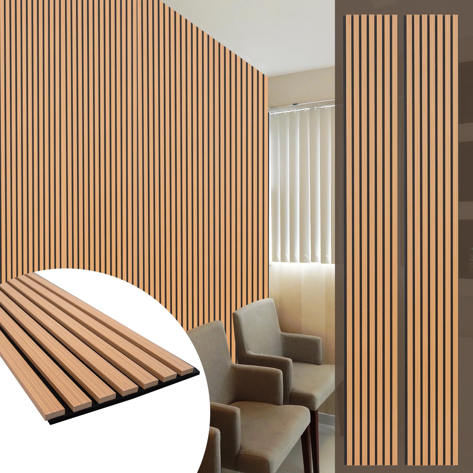 yuzzy wood panels for wall - 9 feet teak wood slat acoustic panels 2 pcs - modern sound absorbing wall panels for interior wall decor for home, office, studio