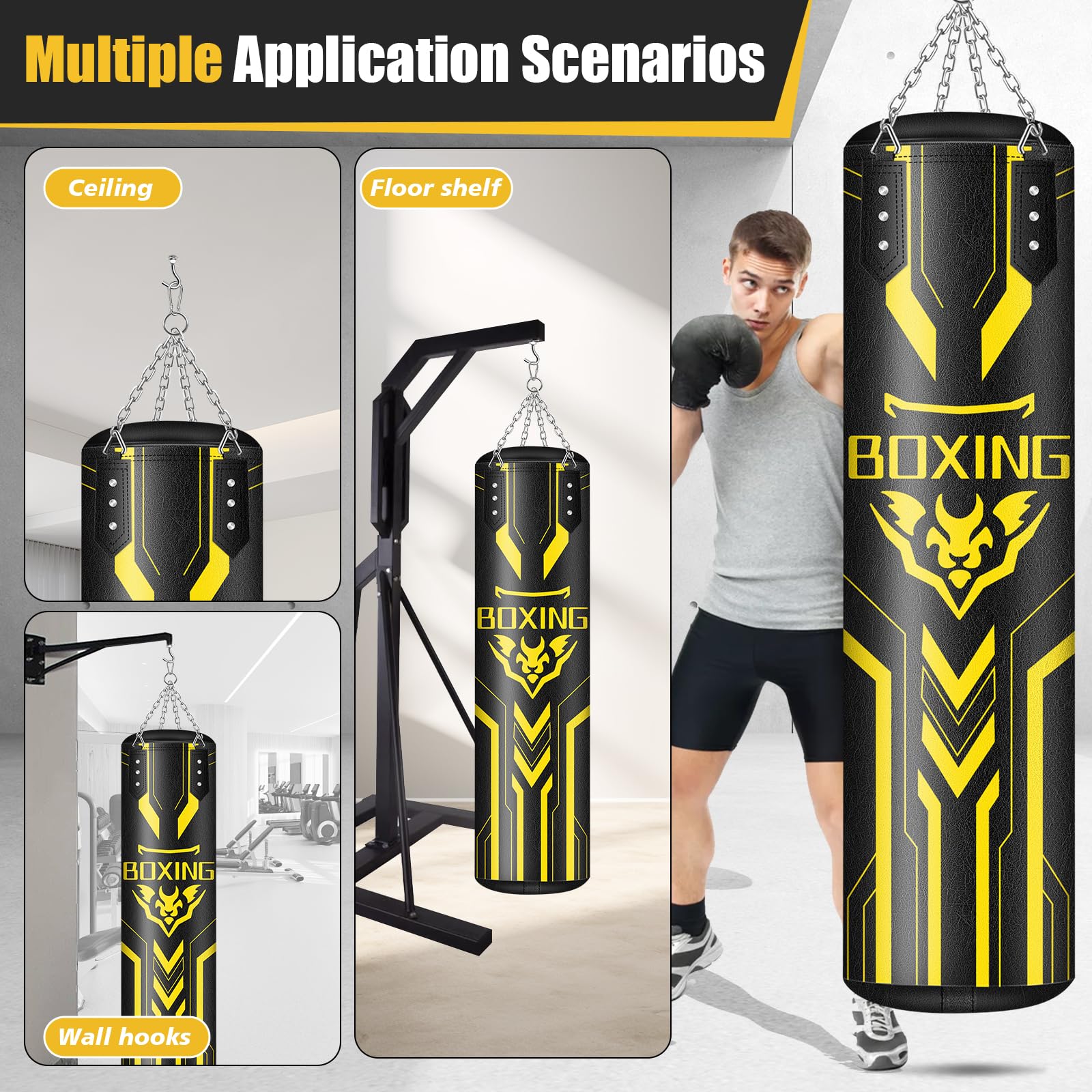 YORWHIN Saco de Boxeo Colgante para Adultos, 4 pies de Poliuretano Pesado con Gancho de Techo de Cadena, Equipo de Entrenamiento de Boxeo para Entrenamiento, Muay Thai, Karate, Kickboxing, Taekwondo