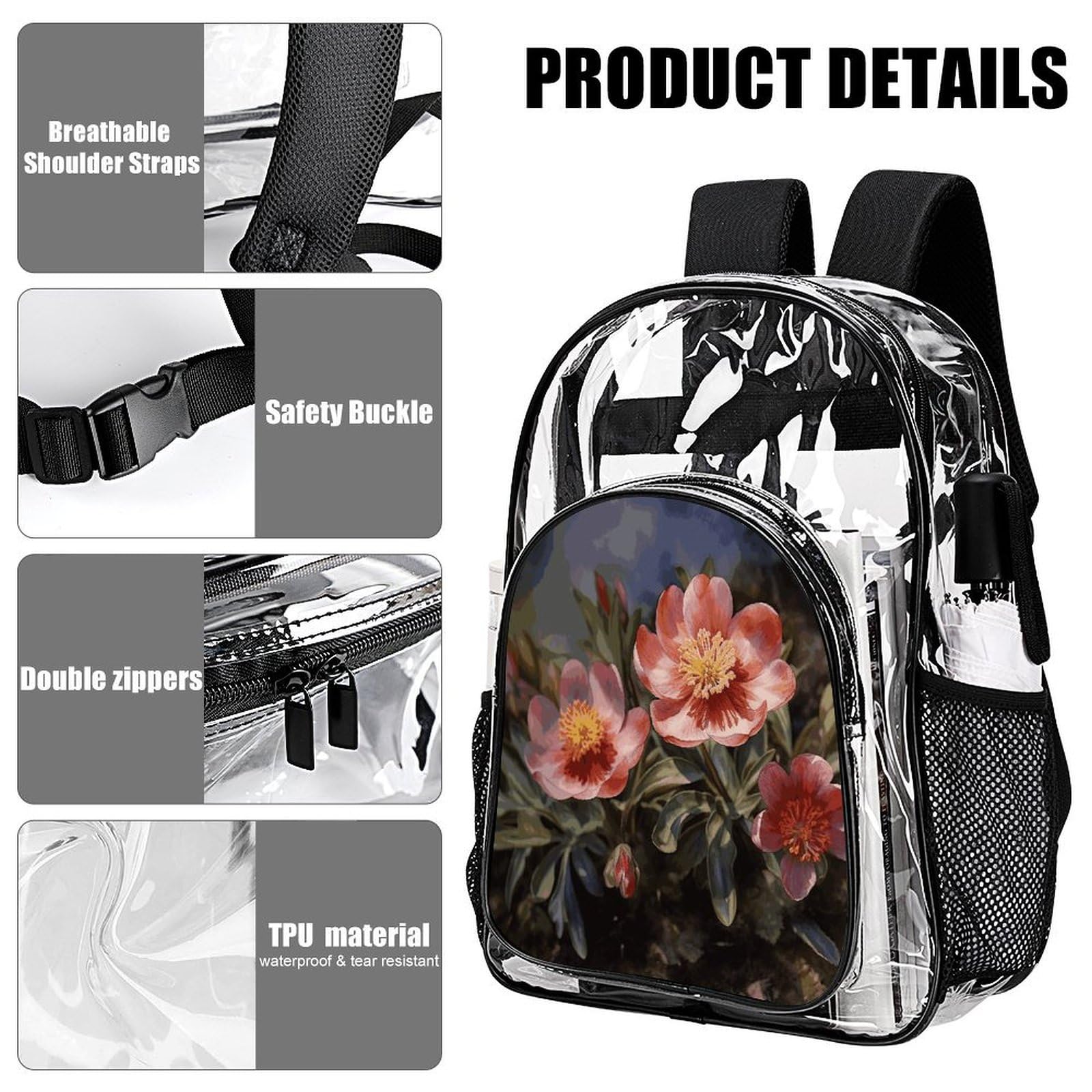 Transparenter Rucksack mit Frühlingsblumen, groß, transparent, PVC, Büchertasche für Sicherheit, Arbeit, Reisen, Stadion