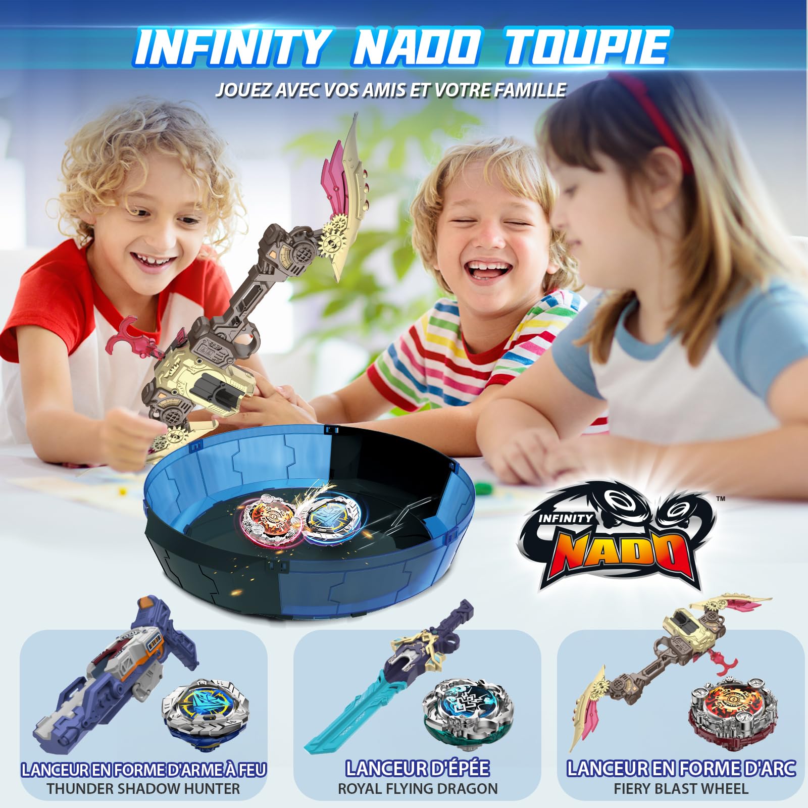 INFINITY NADO S7 Toupie avec Lanceur Arc Accélération Infinie, toupie métallique Type défense Rotation vers la Droite, Jouets pour garçons et Filles de 5+, kit de démarrage, Fiery Blast Wheel, Rouge