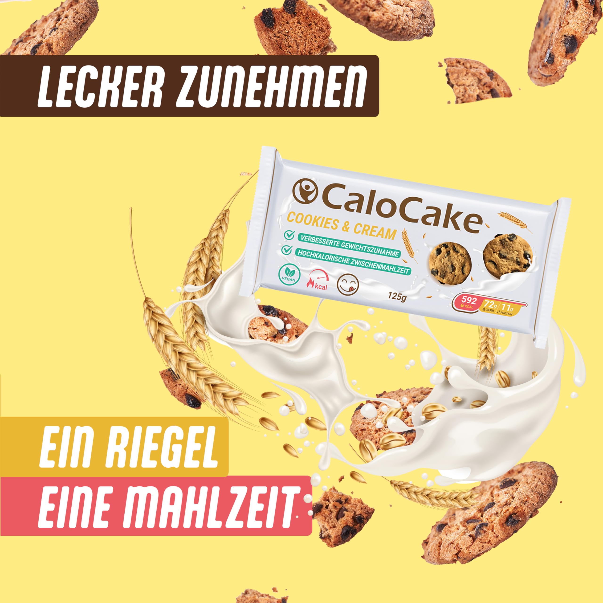 Nahrung hochkalorisch für Gewichtszunahme | Ausdauer- & Energieriegel mit viel Protein & 592 Kalorien | Mahlzeiten Riegel vegan & laktosefrei | CaloCake von CaloVital 24er Box (Cookies & Cream)