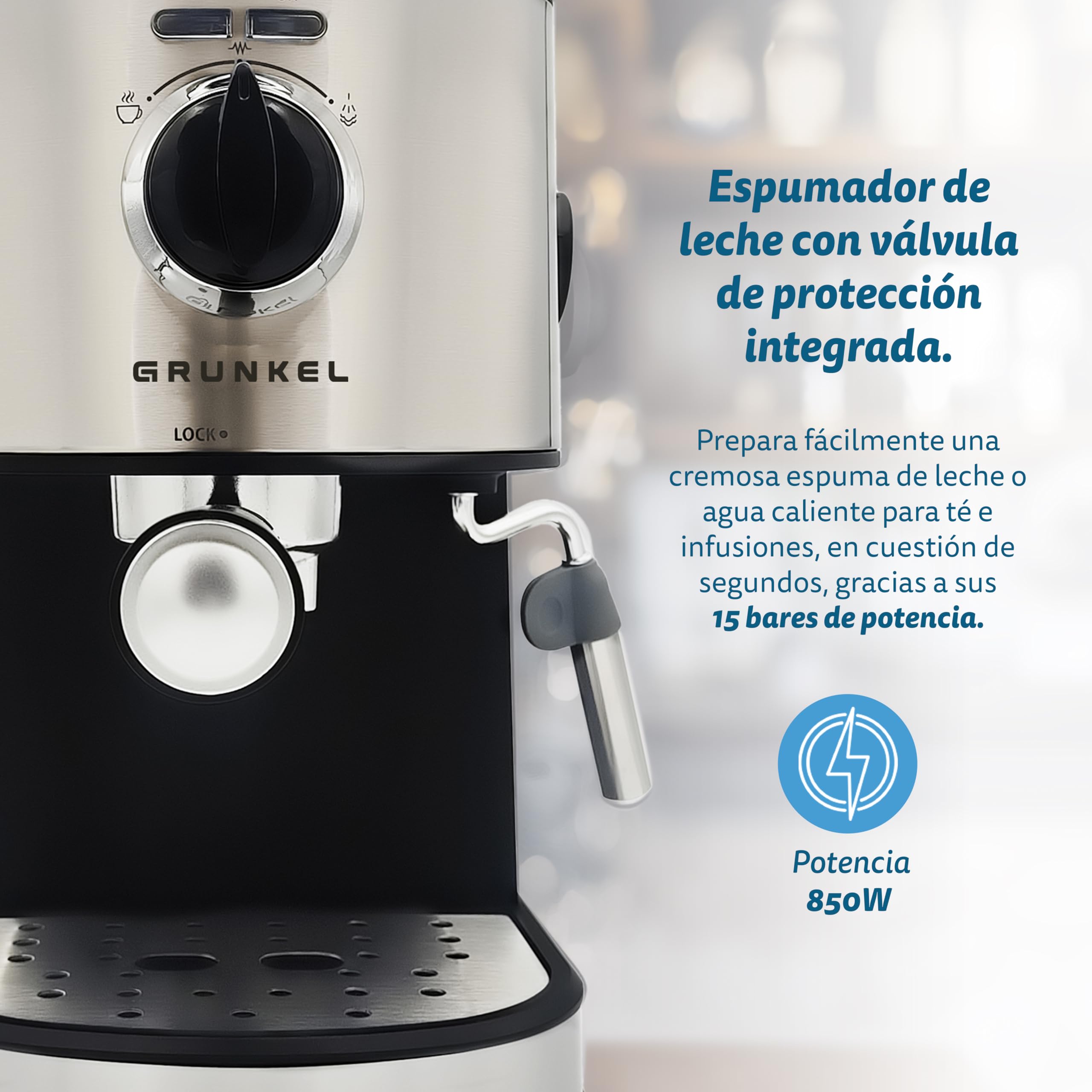 Grunkel - Cafetera Espresso de 15 bares presión - CAFPRESO H15 - y Vaporizador orientable y Filtro Doble Salida en acero inoxidable. Bandeja antigoteo y protección Sobrecalentamiento. 1L 850W