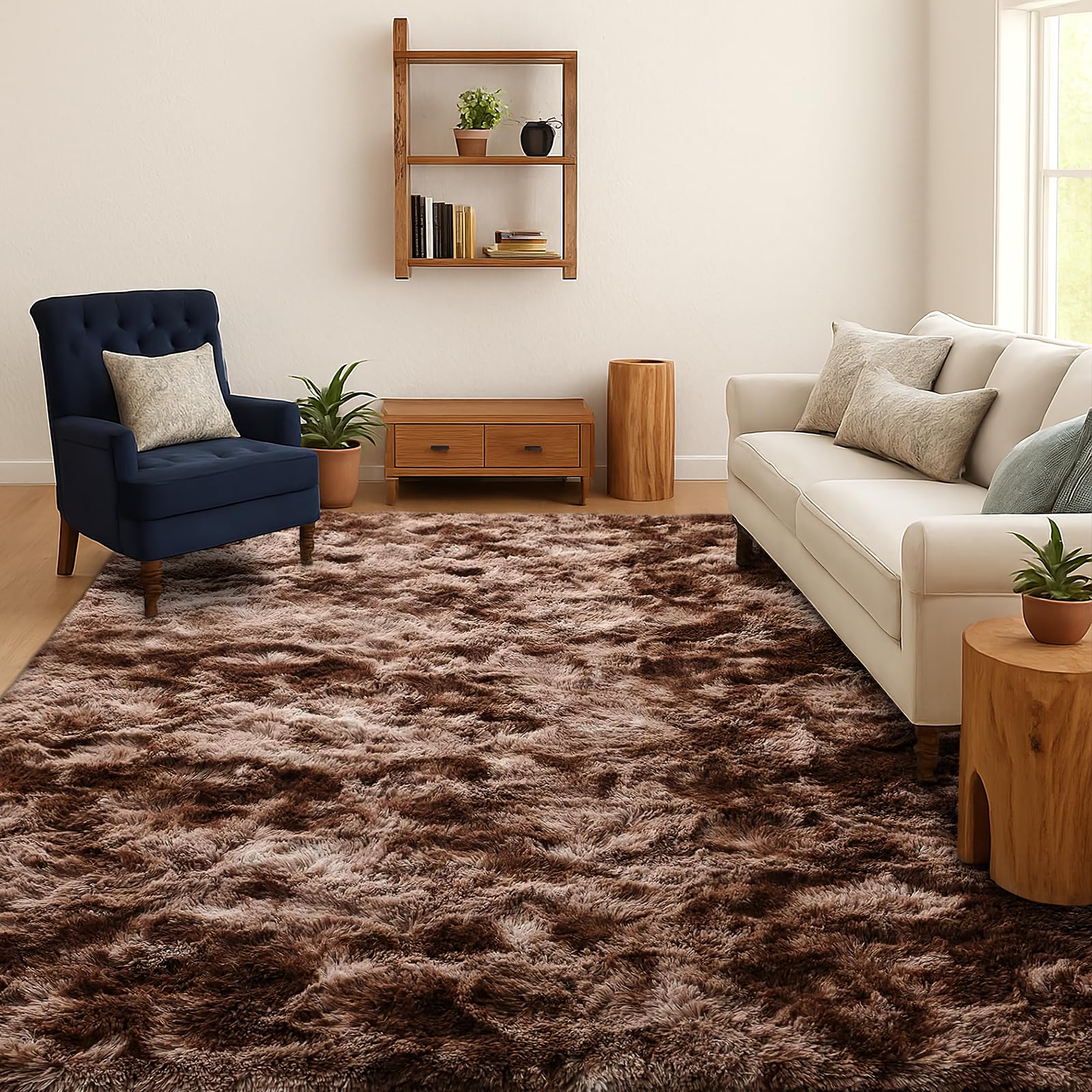 SOANNY Hochflor Wohnzimmer Teppich, Waschbar Anti-Rutsch & Flauschig, Tie-Dye Langflor Shaggy Teppiche für Schlafzimmer & Kinderzimmer, Bettvorleger Matte, 160 x 230 cm, Braun
