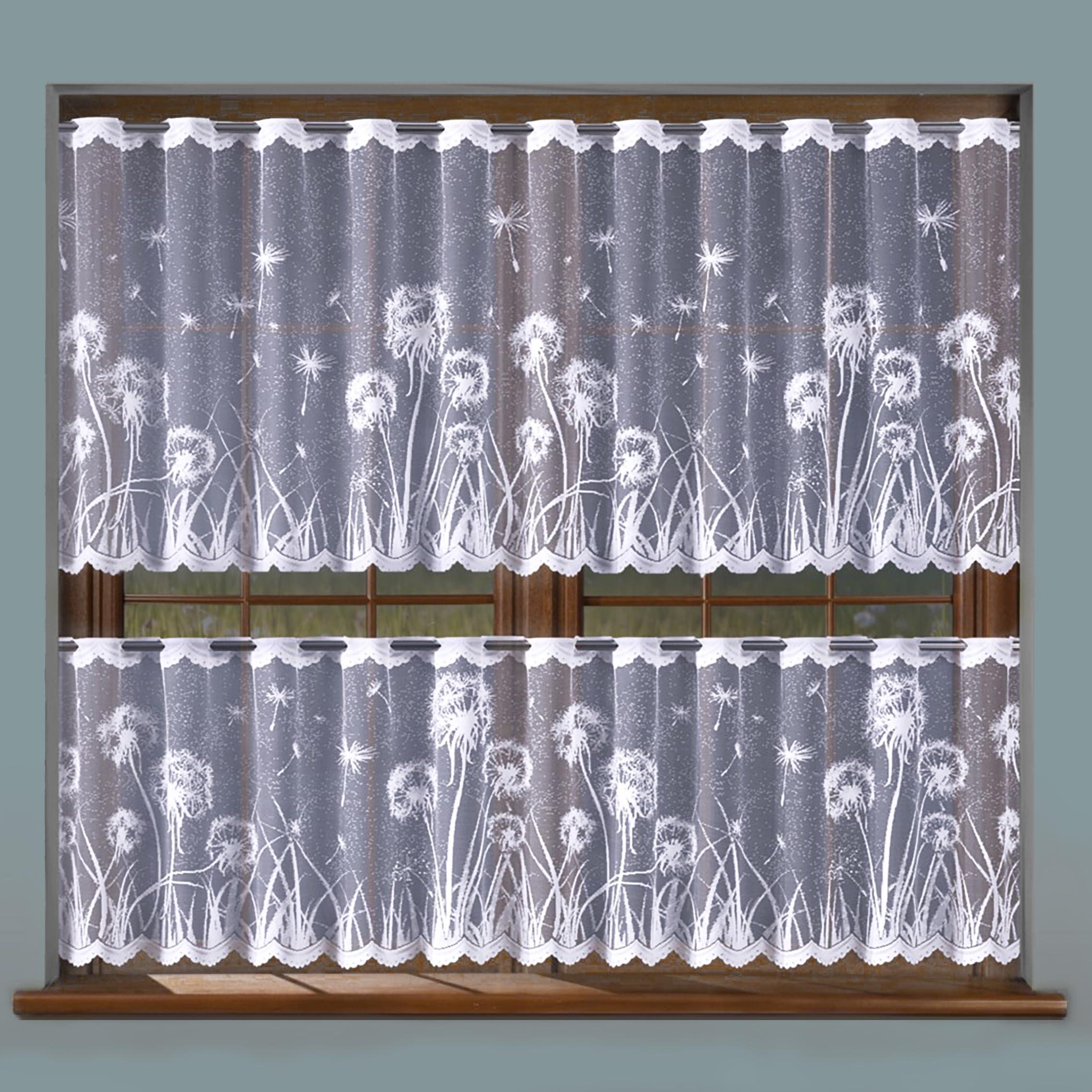 Mforstyle White Cafe Net Curtain Floral Design Dandelions - Kitchen Bathroom Curtain - Hemmed Sides - Many Sizes - (Selected Curtain: 4.5 Metres Width, Drop: 28" (70Cm)