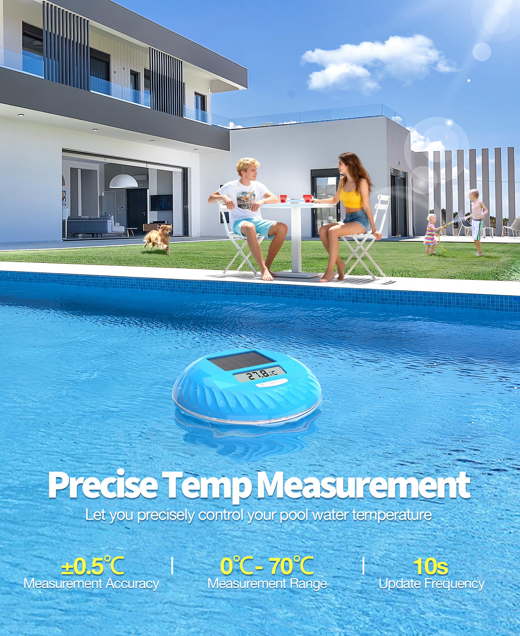 LuxBlue 2 en 1 Thermometre Piscine Solaire et Lampe Piscines, Thermometre Piscine Flottante avec Spectacle Lumineux Sous-marin Coloré, IP68 Ultra-précis Thermometres Piscines Numérique Facile à Lire
