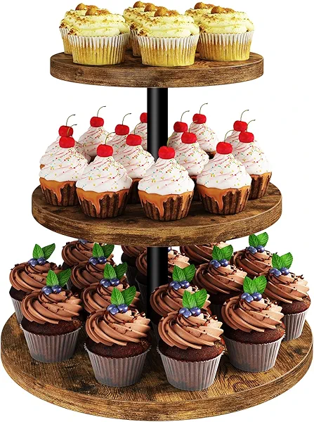 IBUYKE 3 Tier Cupcake Stand,Wood Durable Cupcake Tower,Round Serving Display Stand,Dessert Table Display Tree Tower for Birthday,Home Party, Wedding, Baby Shower,Rustic Brown UTLJ017H