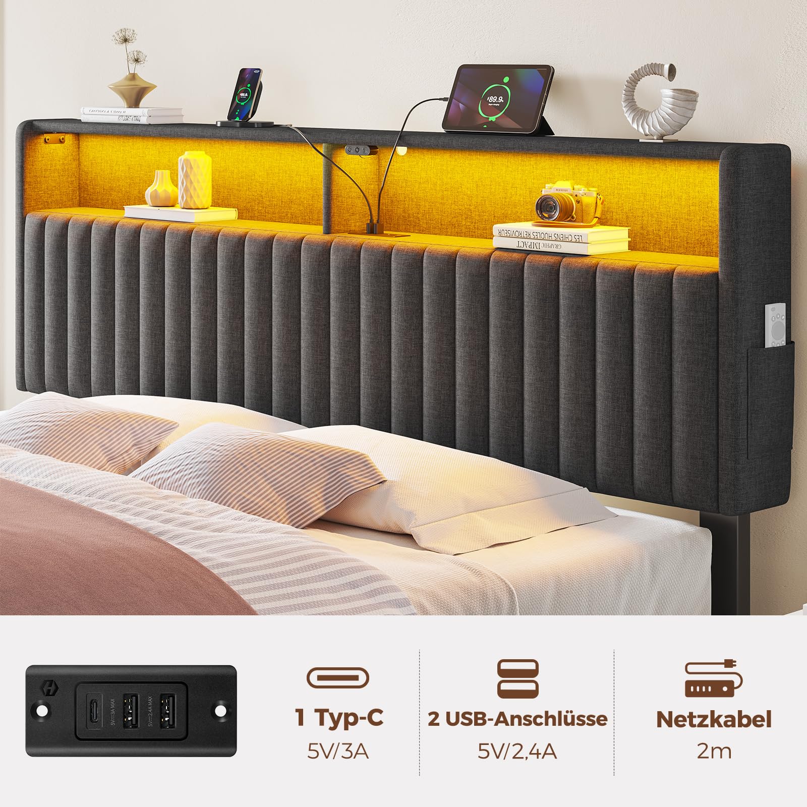Seventable Bett 90x200 mit Ladestation, Metallbett mit Gepolstertem Kopfteil & LED, Bettgestell mit Zweischichtige Ablage, perfekt für Kinderzimmer, Jugendzimmer (grau)