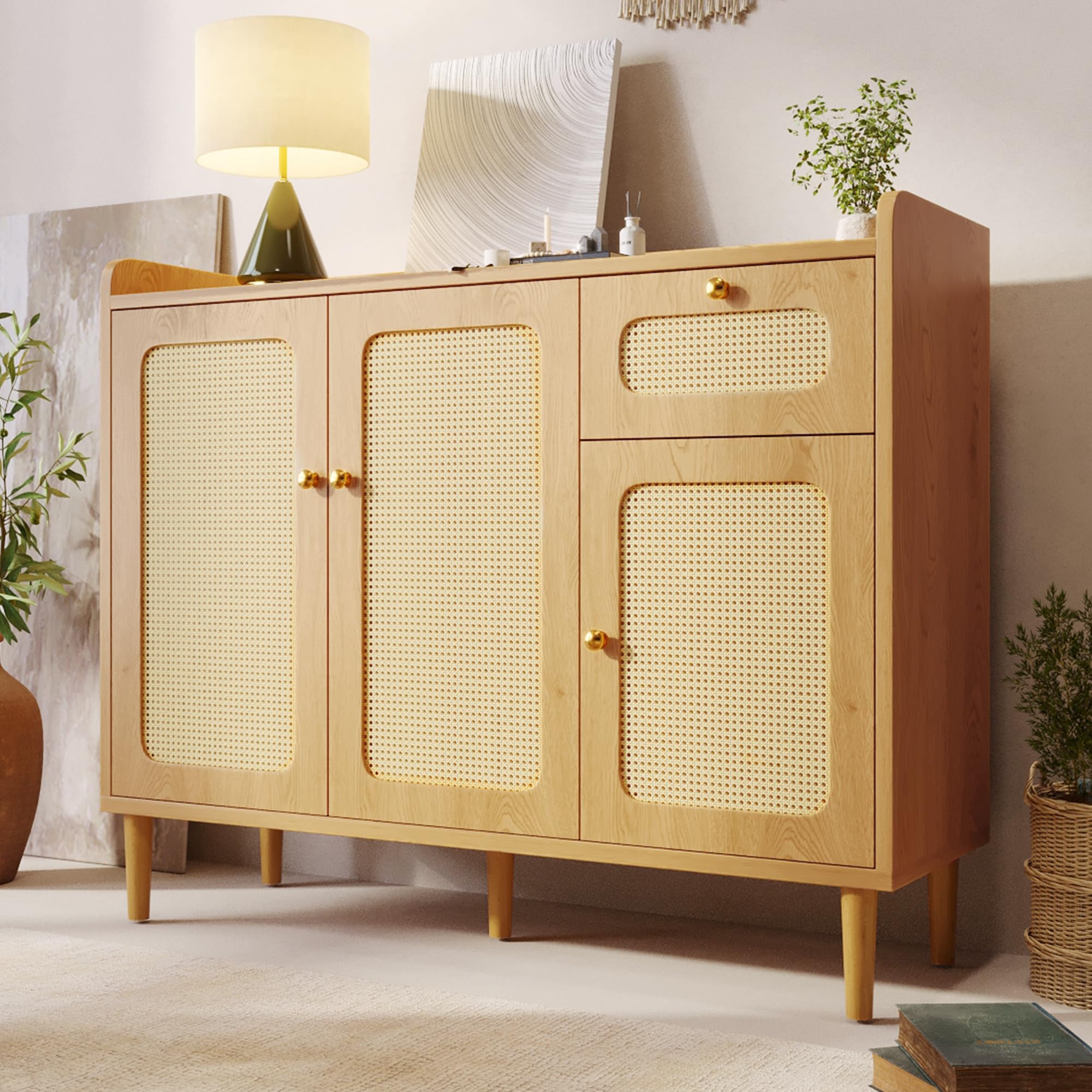 MURUL Aparador de 120 x 40 x 91 cm, aspecto de roble con tejido de ratán, cómoda con 3 puertas y 1 cajón, aparador con cierre suave para salón y pasillo (roble 2)