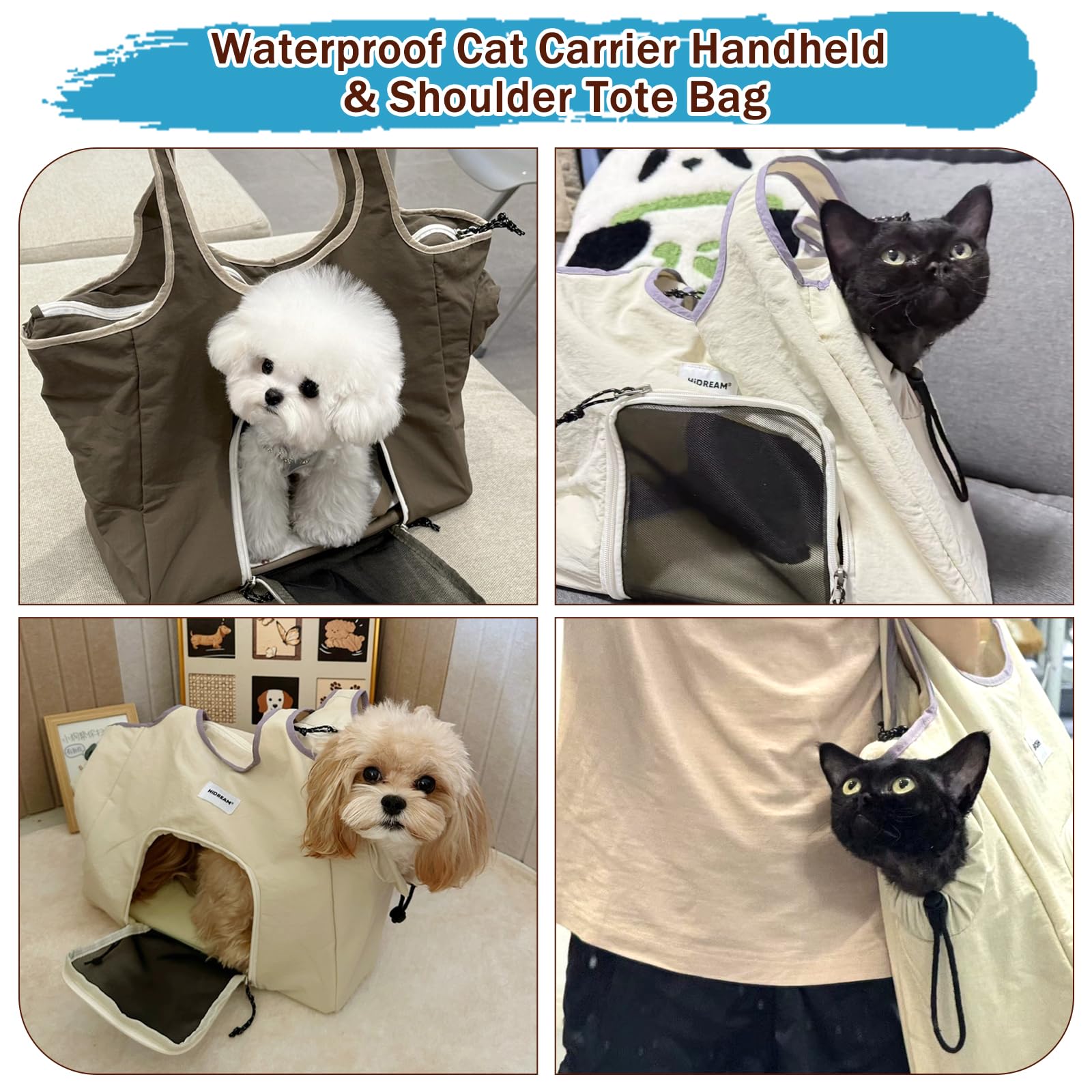 Sac de transport en nylon pour chats et petits chiens jusqu'à 6 kg, sac de transport étanche à main et sac fourre-tout à bandoulière, fenêtre en maille respirante avec trou élastique latéral