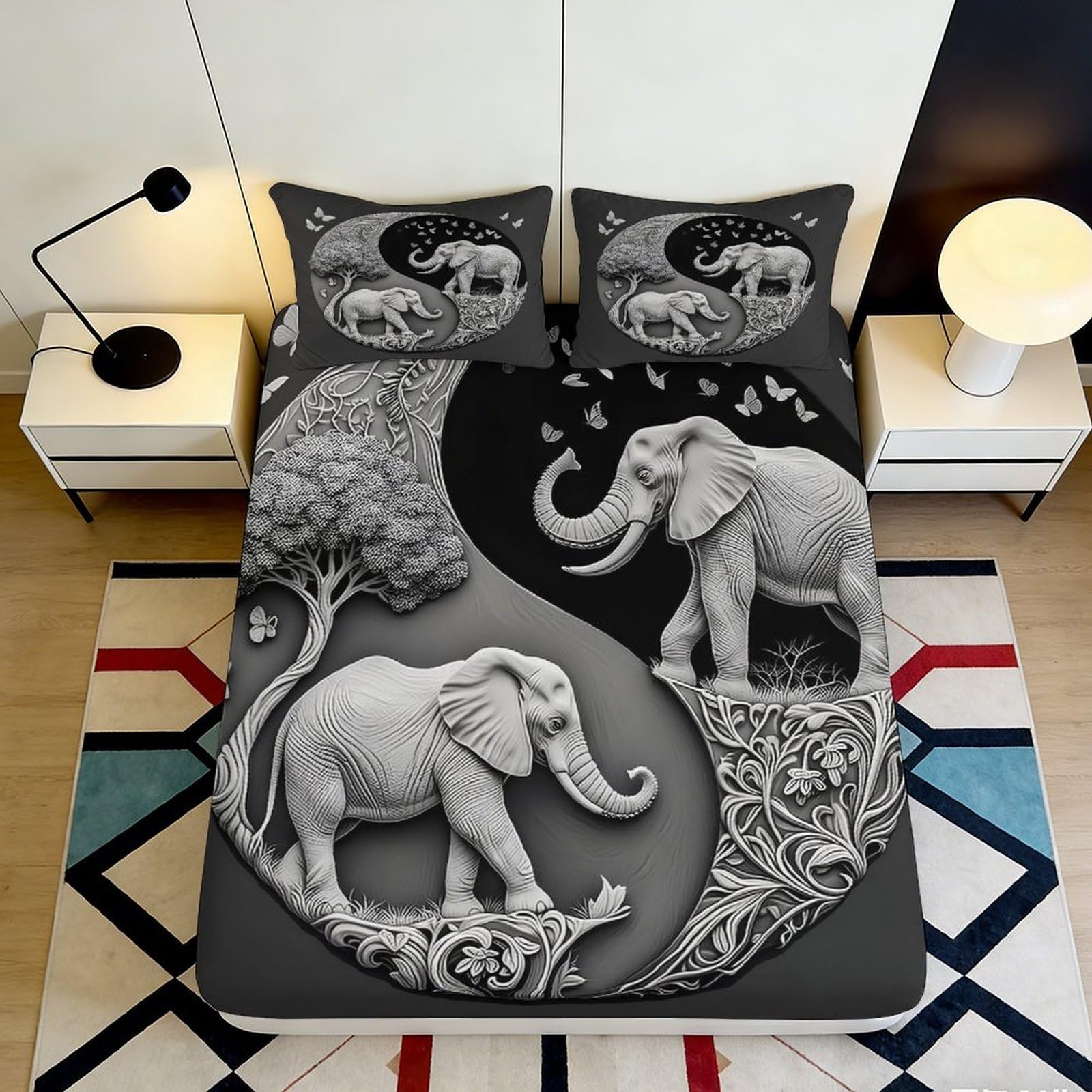 3D Printed Elephant Yin Yang Fitted Sheet Microfiber Soft Breathable Butterfly Bed Cover for Bedroom Dormitory Guest Room Mattress Protection Decor 160x200x25cm