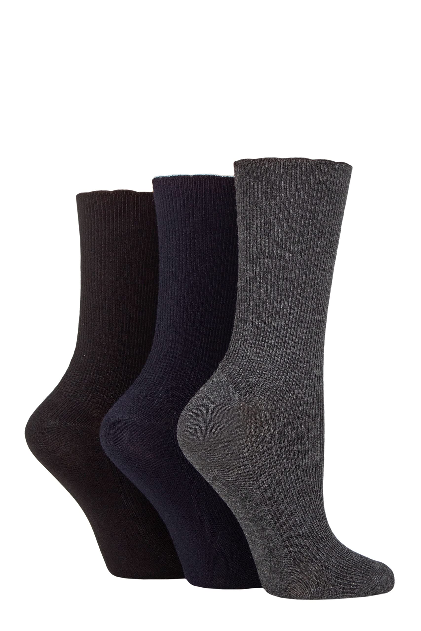 ELLE Ladies Ribbed Bamboo Socks with Scallop Top Pack of 3 (Black/Navy/Charcoal, 4-8)