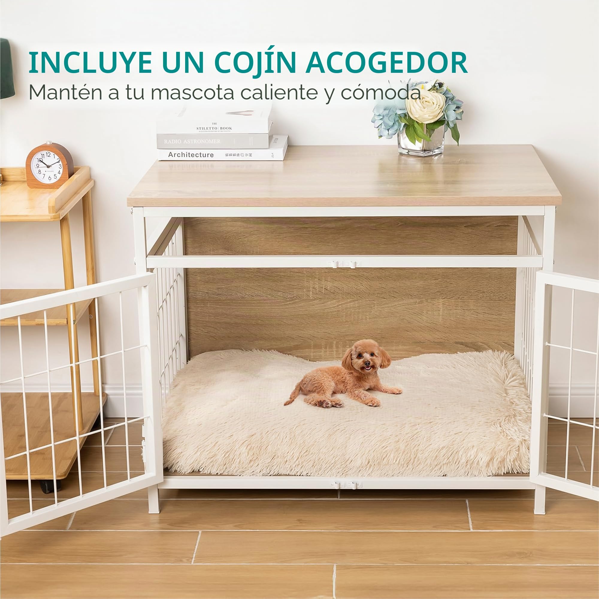 Navaris Jaula para Perros Grandes - Mueble con Compartimento Jaulas XXL de 80 x 56 x 63,5 cm para Perro Mediano o Grande - con Alfombrilla y Puertas con Cerramientos Individuales