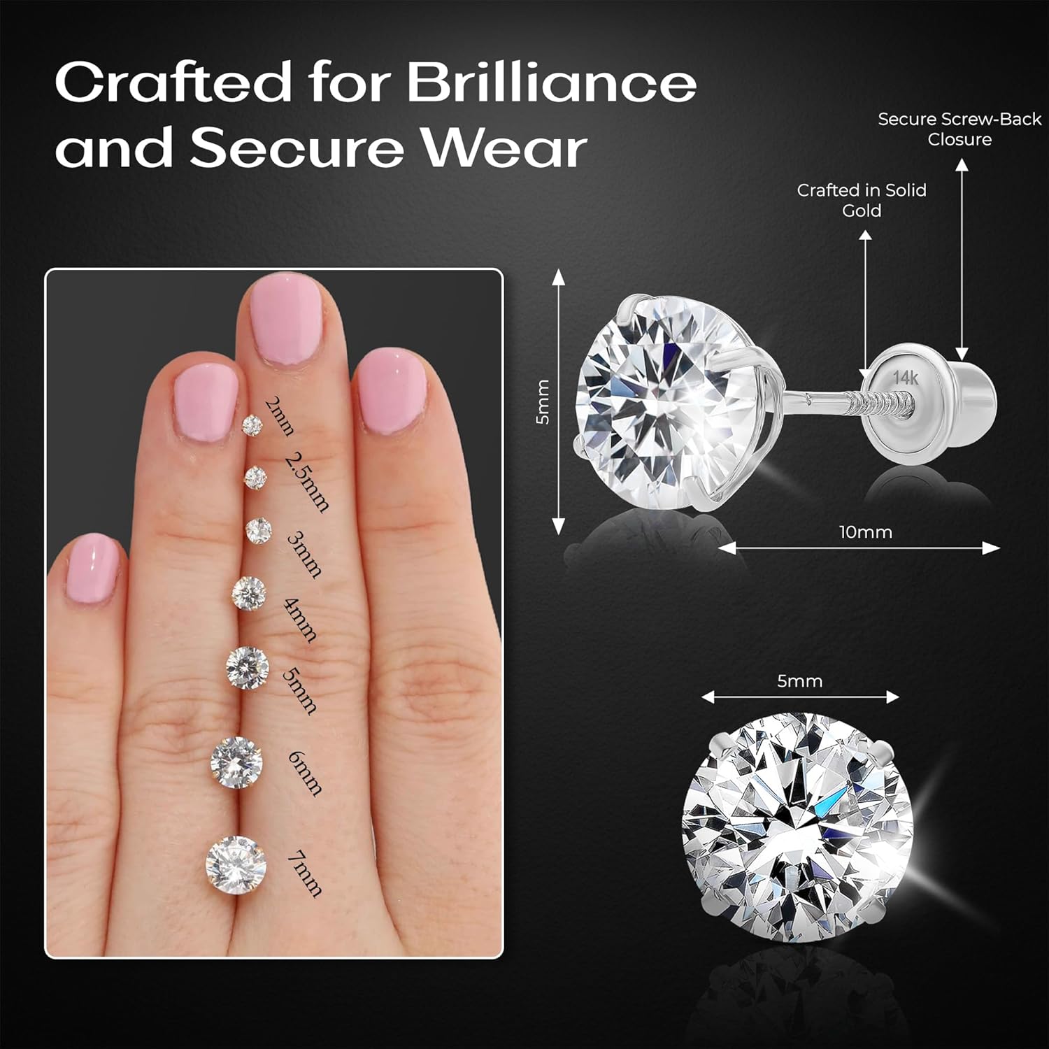 Art and Molly 14K Solitaire Gold Earring Solid 14-Karat Round Cubic Zirconia Stud Earrings with Screw-Back, CZ Studs with Gift-Ready Box - Image 3