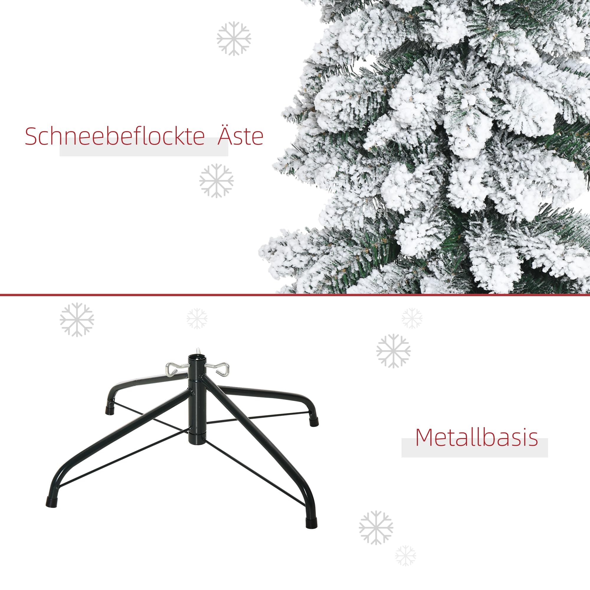 HOMCOM Künstlicher Weihnachtsbaum 180 cm mit Kunstschnee, 395 Spitzen | Tannenbaum Künstlich, Christbaum Weihnachtsdeko, inkl. Metallständer, für Drinnen