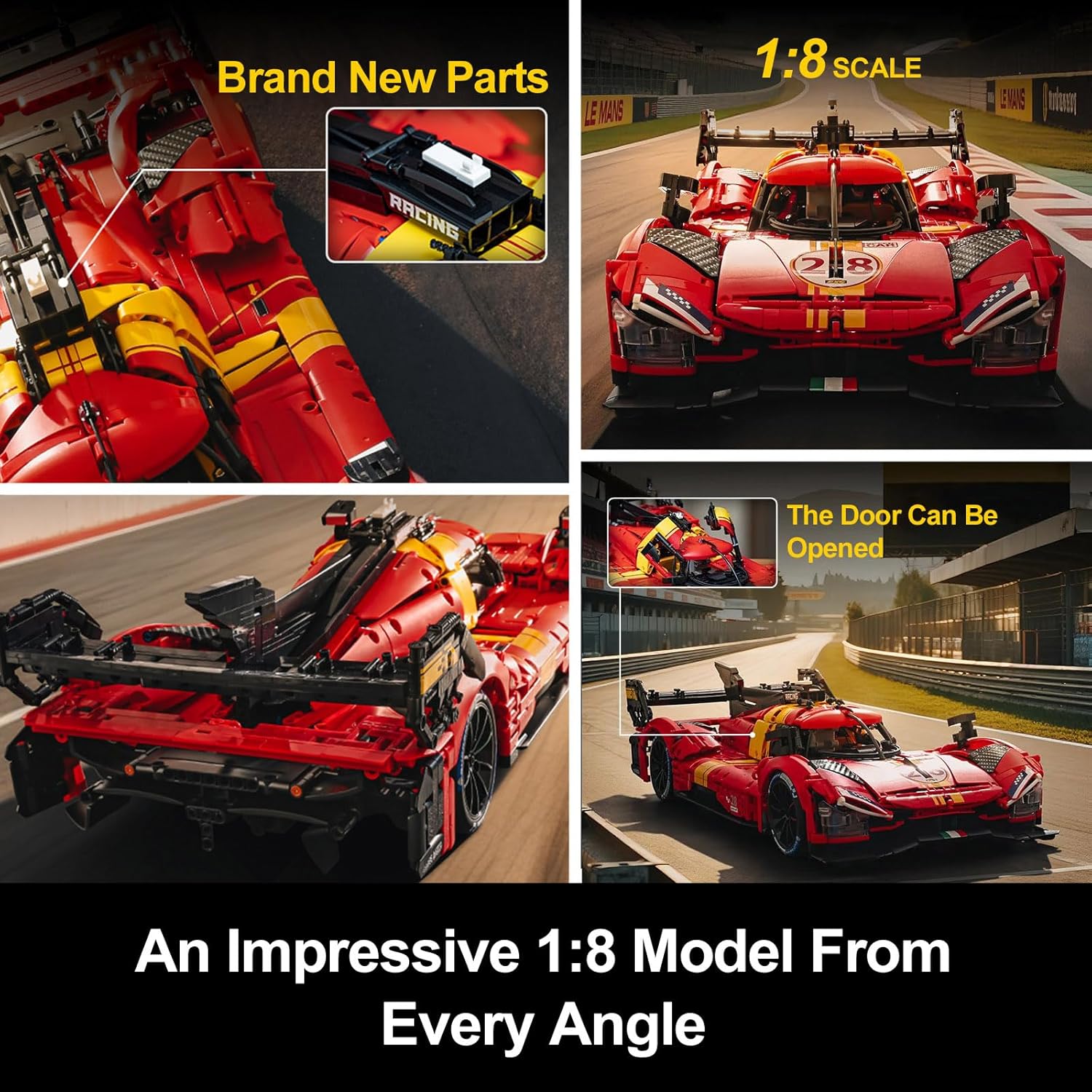 Various angles of the assembled AOUHMN Le 499P Hybrid Hypercar model, showcasing new parts and opening door feature.