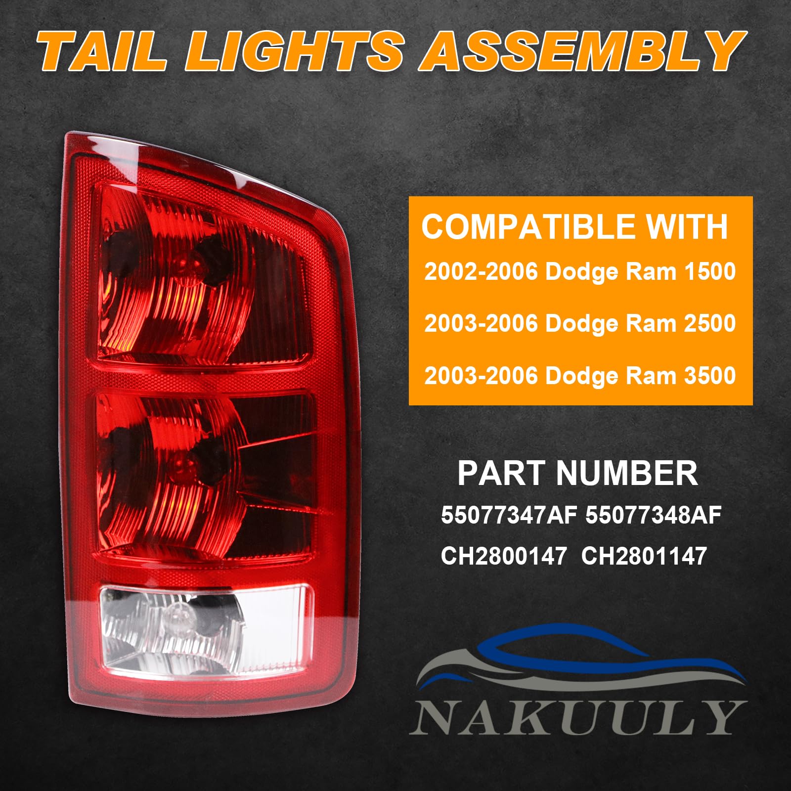 Nakuuly Tail Lights Assembly Compatible With 2002-2006 Dodge Ram 1500 2500 3500 Pickup Halogen Type NON-LED Model Driver and Passenger Side Taillights Brake Signal Rear Lamp with Bulbs and Harness