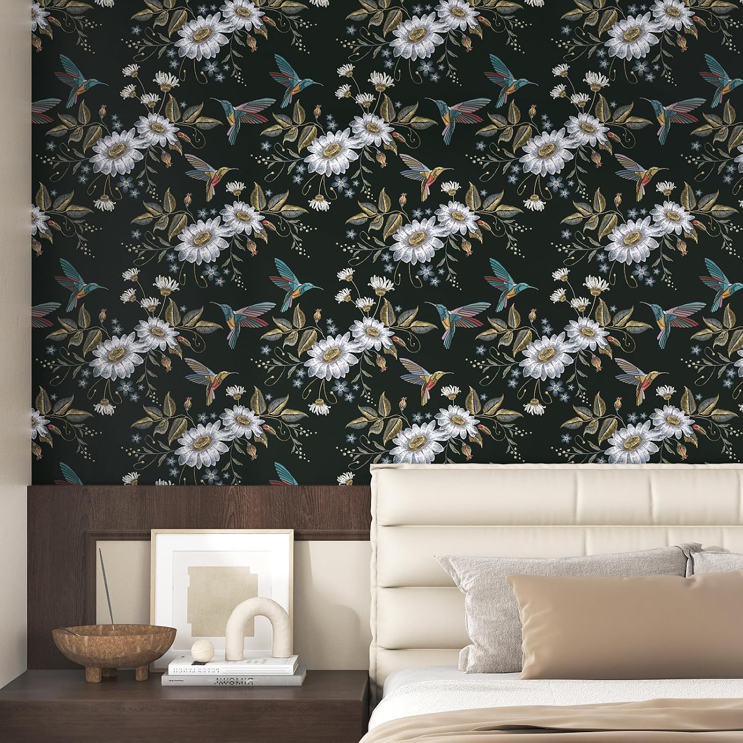 17.5''x102'' Hummingbird Floral Wallpaper Vintage Black Floral Peel and Stick Wallpaper Birds Garden Wall Paper Removable Self Adhesive Black Contact Paper for Cabinets Bathroom Farmhouse