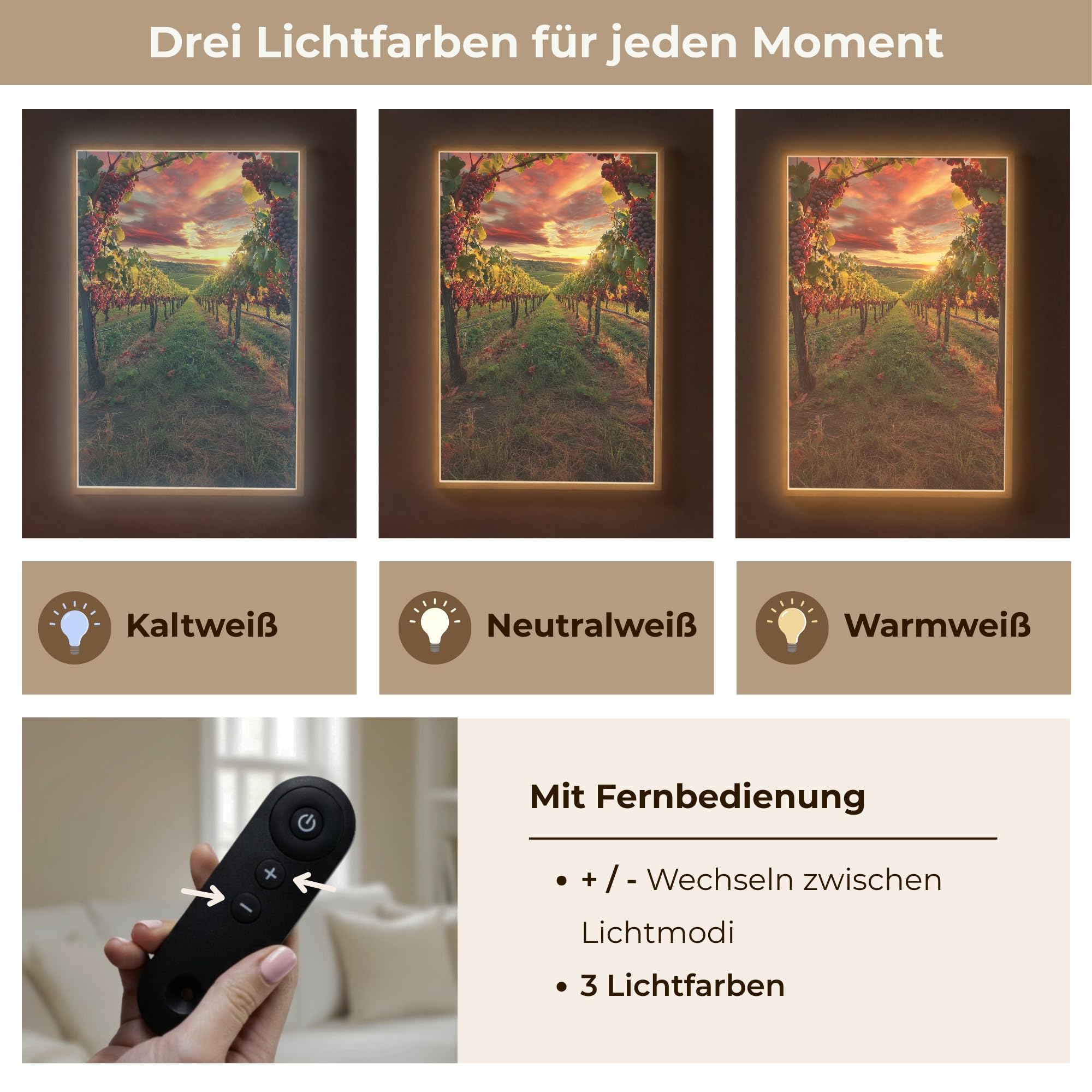 LED Lampe Wand Innen 60x90 cm Aufladbar Wall Light Wandlicht Wohnzimmer Wandlampe Dimmbar Wandlampen Wandlichter Schlafzimmer Beleuchtung Leuchte Weinberg - Weintrauben - Sonnenuntergang