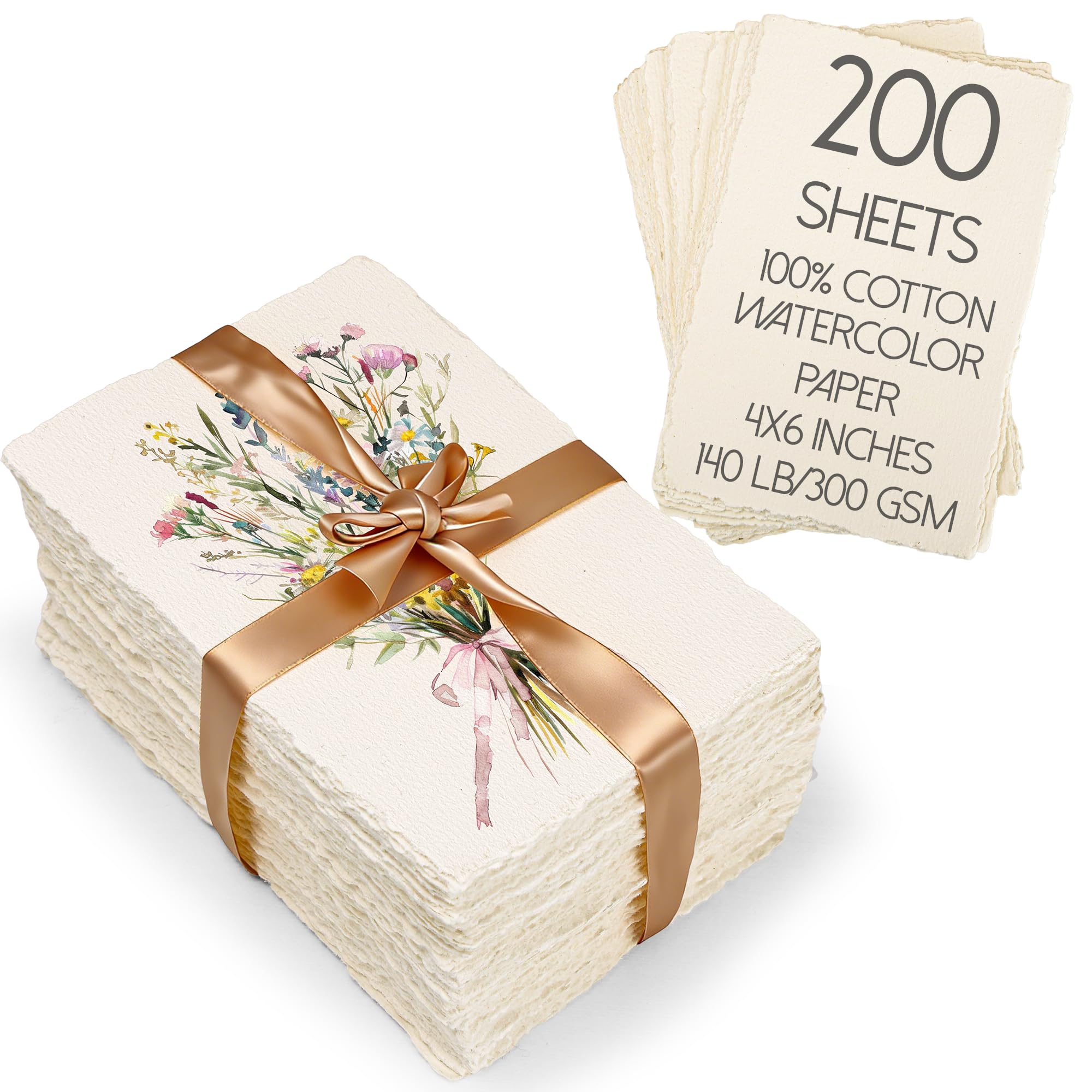 Oleitodh Lot de 200 feuilles de papier aquarelle en coton 10,2 x 15,2 cm, 63,5 kg/300 g/m², papier cartonné texturé à bords superposés pour aquarelle, invitations de mariage, cartes, travaux manuels