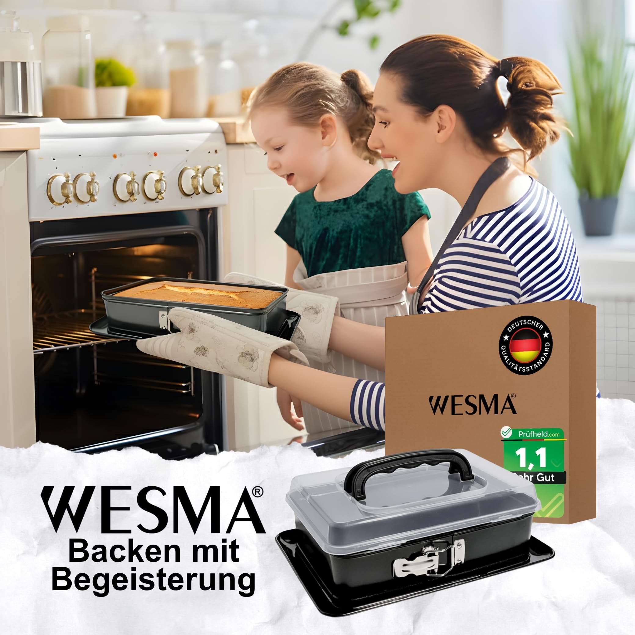 WESMA Molde rectangular de 27,5 x 18 x 9 cm, molde rectangular con tapa y asa, molde rectangular con tapa, antiadherente, molde rectangular con cierre, ideal para tartas y tartas