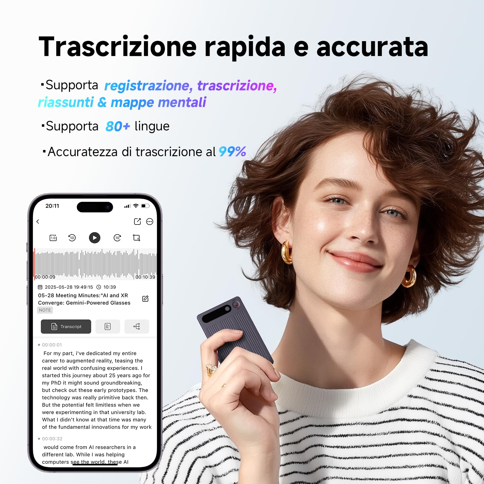 Registratore Vocale AI con Memoria 64GB - Trascrizione e Riassunto Automatico, Oltre 80+ Lingue, Registratore Digitale Professionale per Riunioni/Lezioni/Interviste, Controllo App, con Custodia