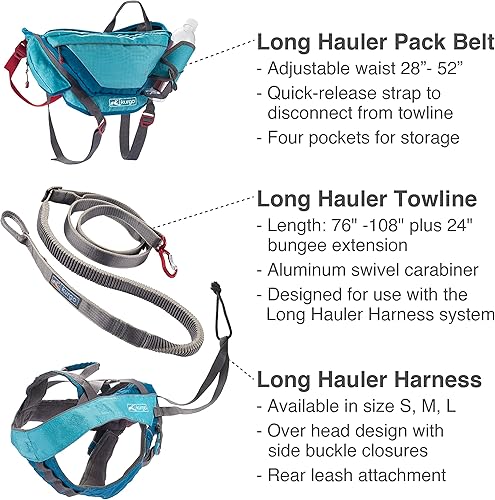 Miniatura 3 de Kurgo Cinturón largo Joring, cinturón Canicross, cinturón manos libres, mochila de senderismo, ideal para esquí, incluye correas de pierna