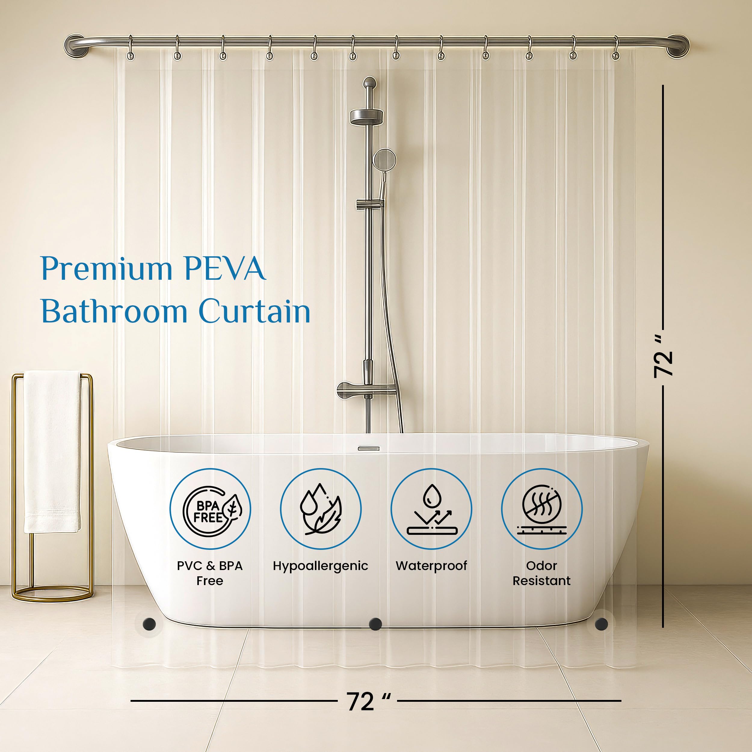 TRIMENGO Plastic Shower Curtain Liner, Silver Striped Pattern, Waterproof Printed PEVA Shower Curtain with Design, Rustproof Grommets, Standard Size 70x72 Bathtub Curtain for Bathroom (Pack of 1)
